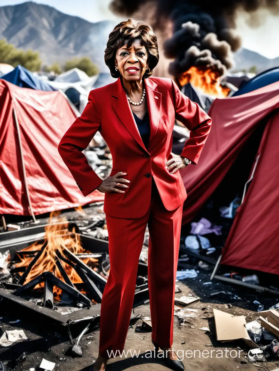 high quality digital photo, trashed AND BURNING tent filled migrant camp, MAXINE WATERS, POSED LIKE ROSY THE RIVETER,  dressed in red business suit, facing the camera lens, wide
