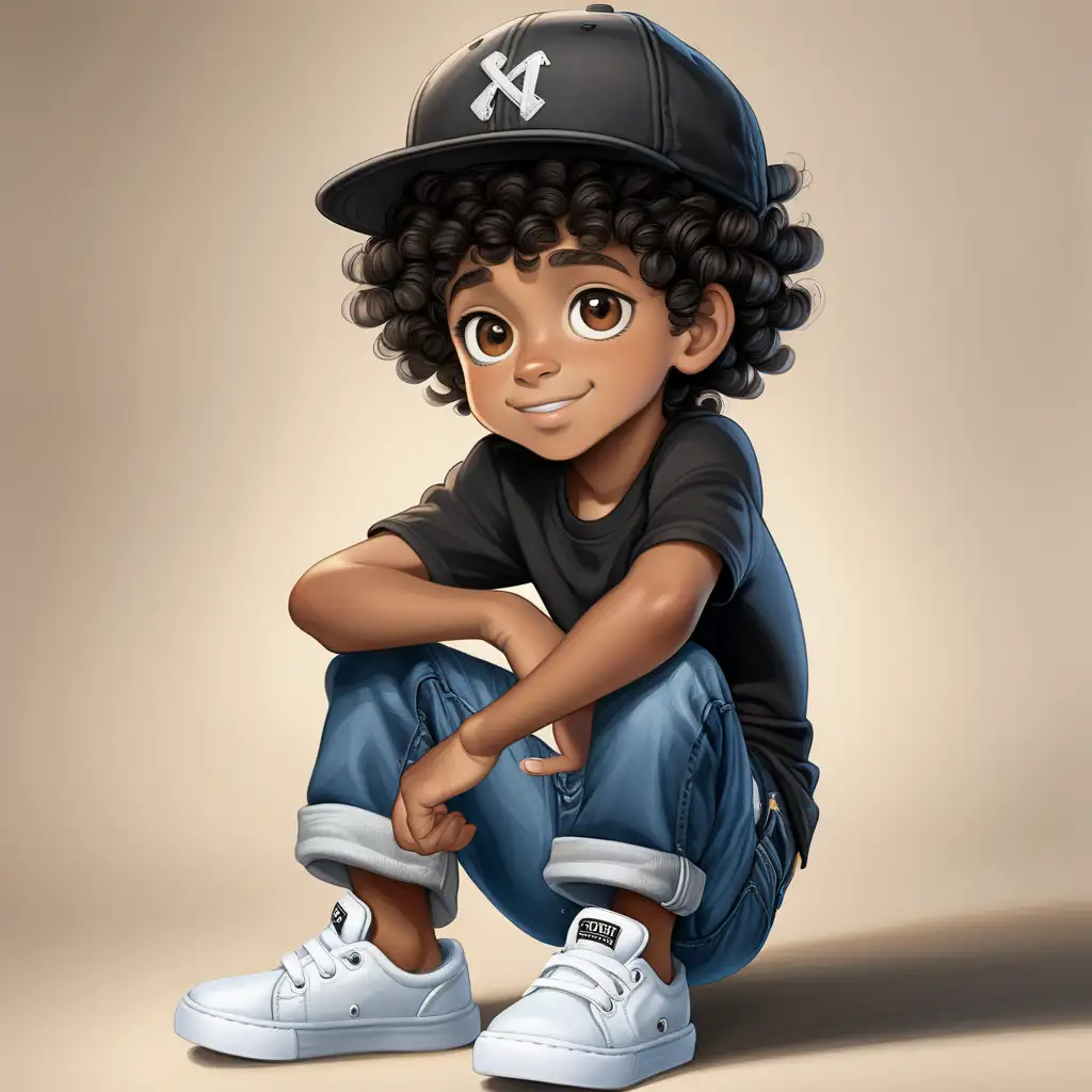 Little black boy with a cap on and big brown eyes curly hair wearing blue jeans and a black shirt and white shoes