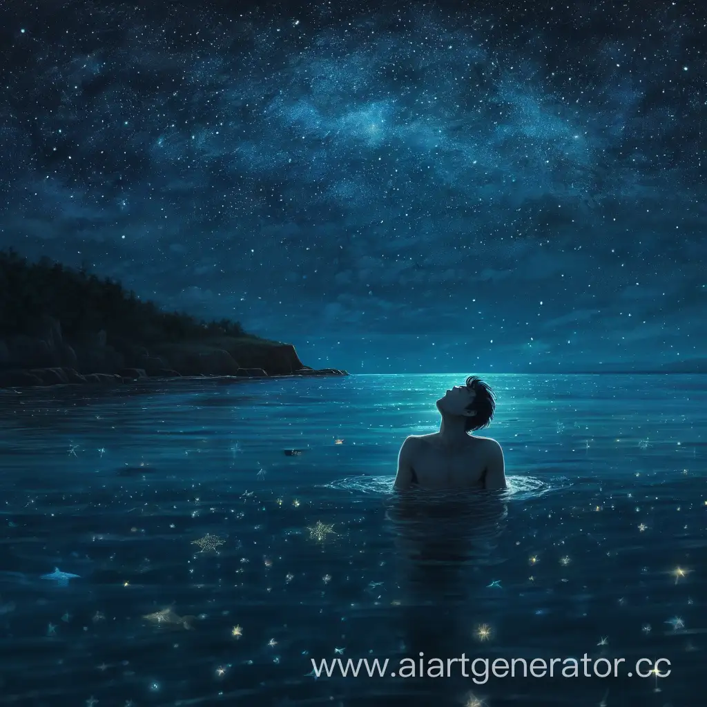 Man-Lounging-in-the-Tranquil-Waters-under-Starry-Night-Sky