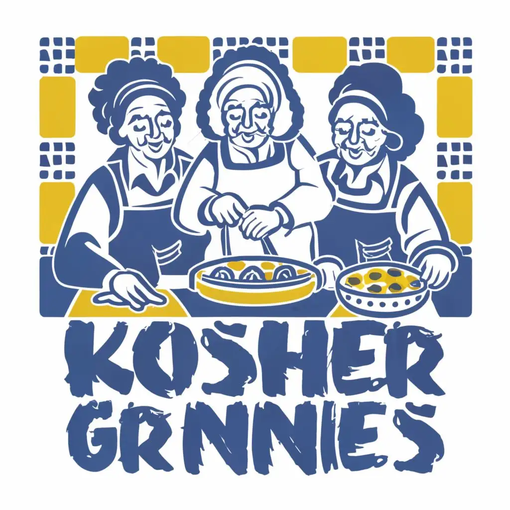 logo, Israel, yellow, blue, white, Jewish food and traditional Jewish grannies cooking, Paul Klee, with the text 'Kosher Grannies', in Portuguese tiles, typography, be used in Automotive industry