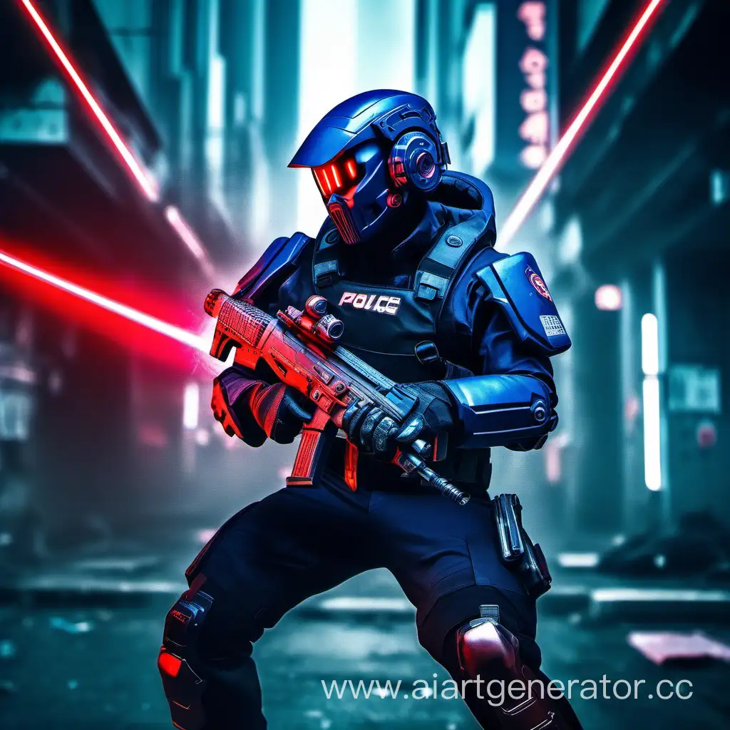 Cyberpunk setting, guy, aiming a gun, full face helmet, red laser from one side of head, styled like cyber 2077 tactical gloves, dark blue futuristic armor suit, sign of police team on elbow