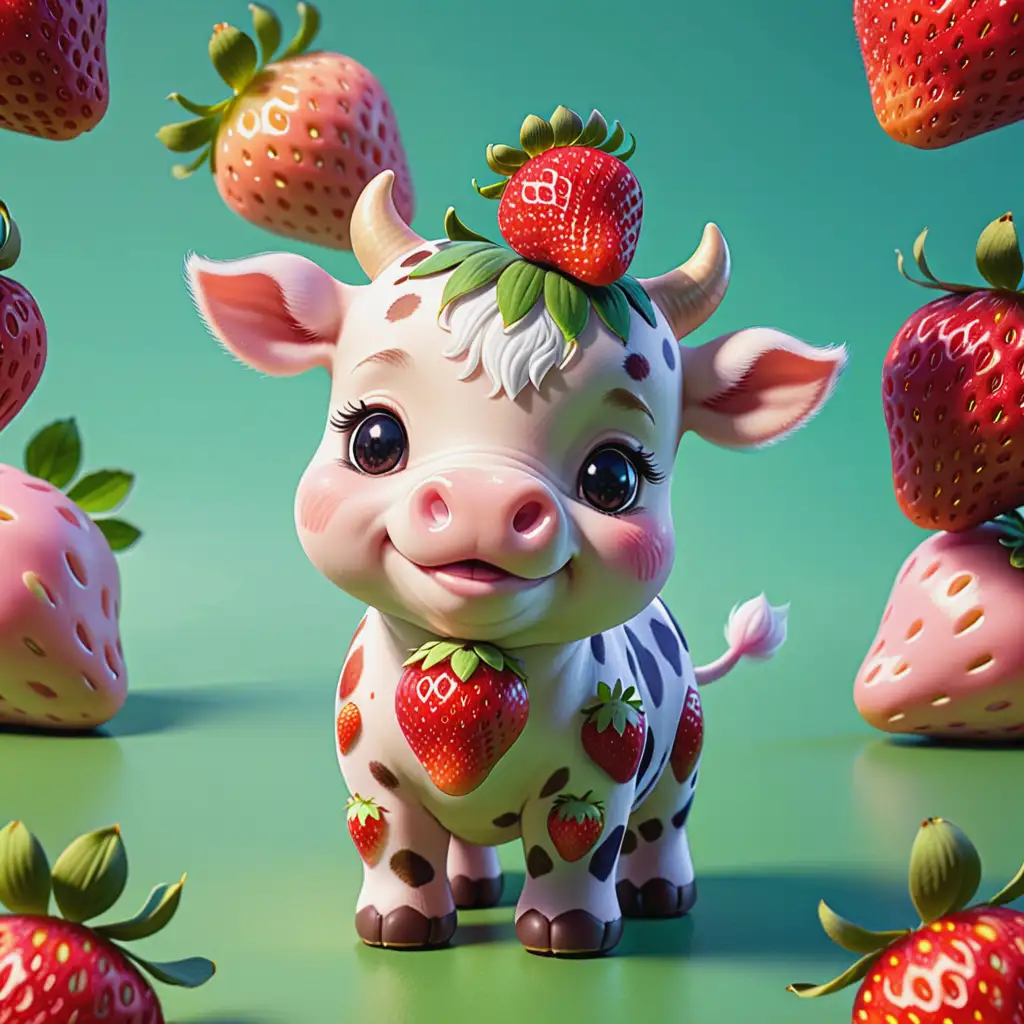Adorable Strawberry Cow Frolicking in Meadow