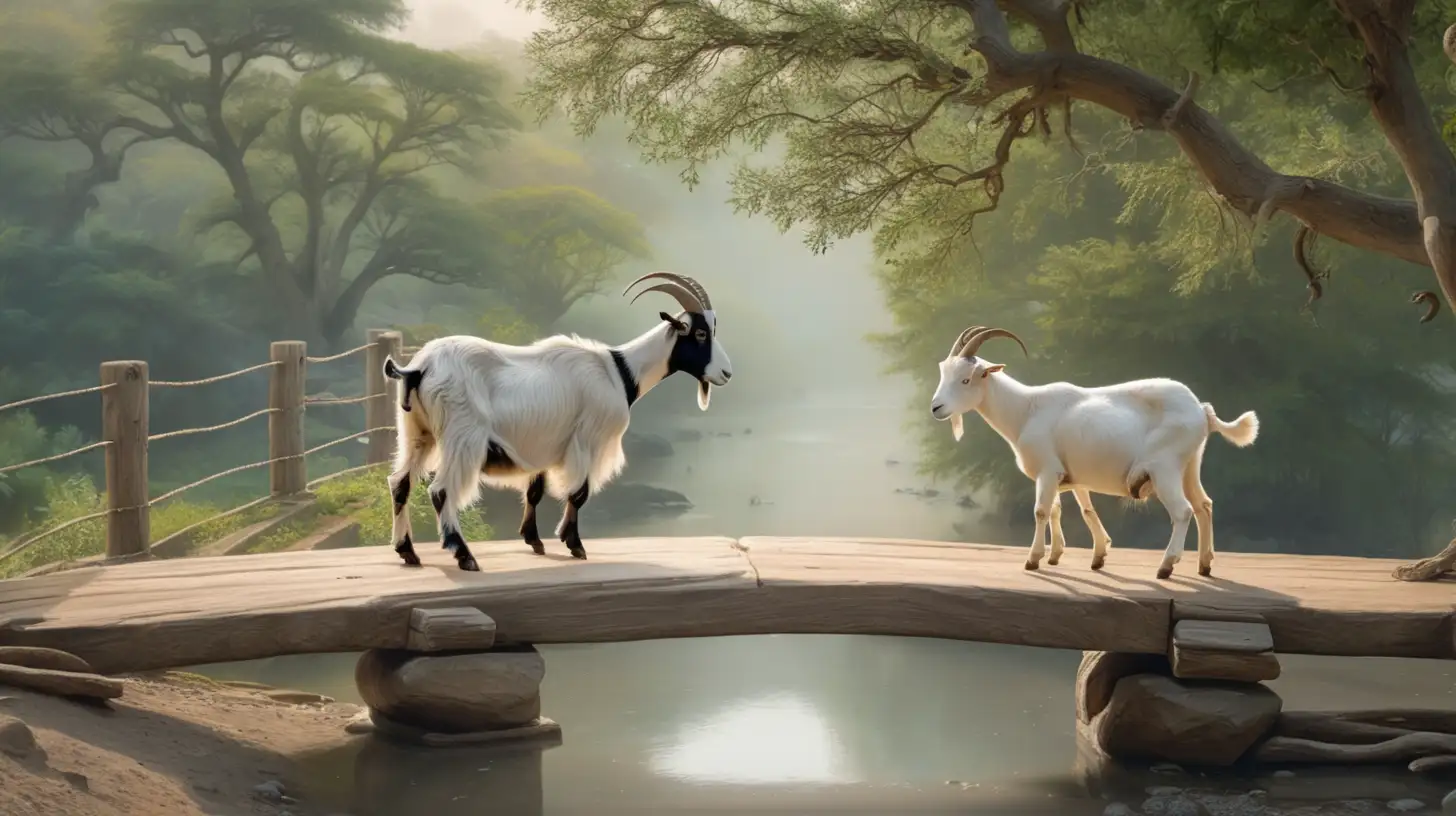 Two goats meeting on a single tree bridge