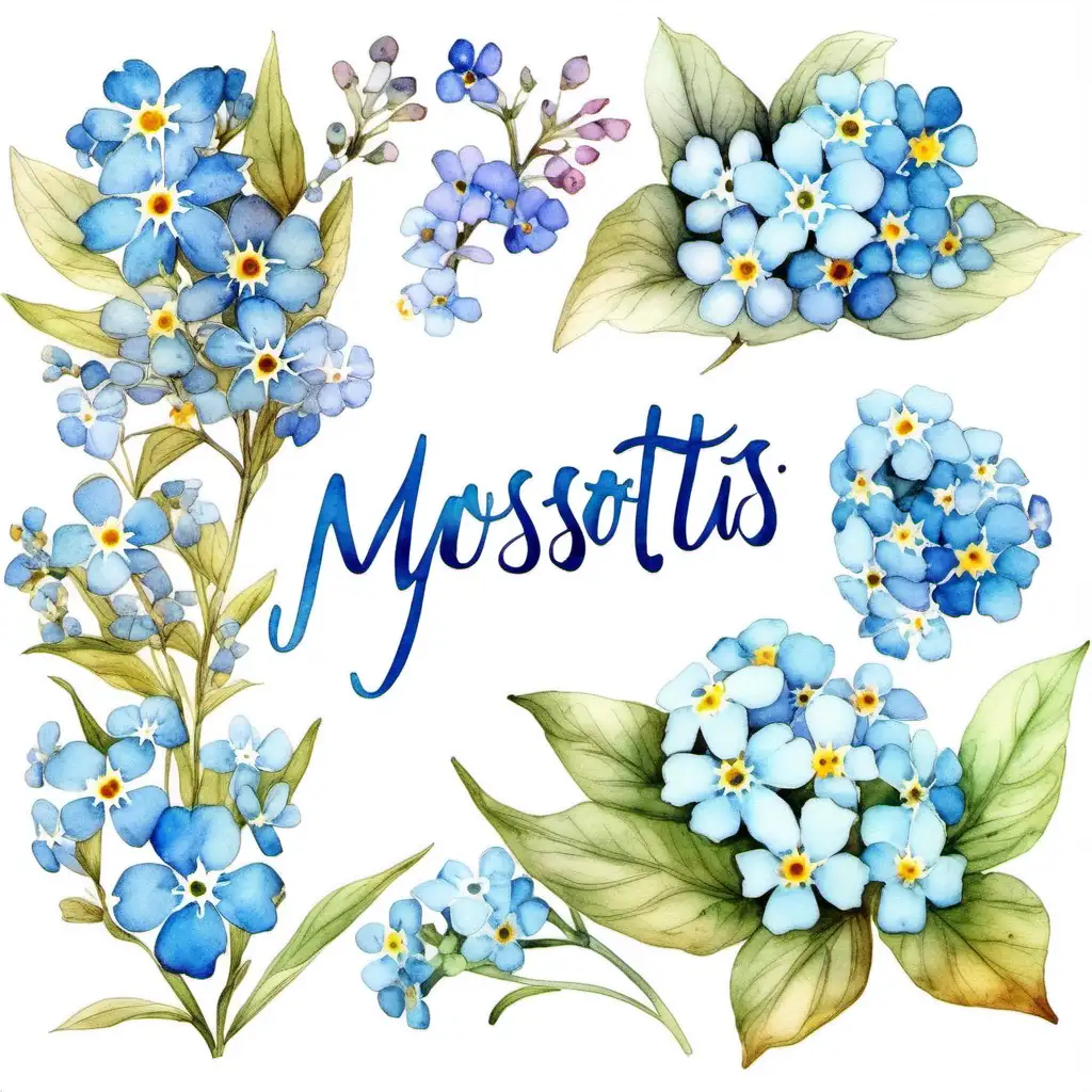 lettering, watercolored flowers, watercolored myosotis, soft pastel, white background