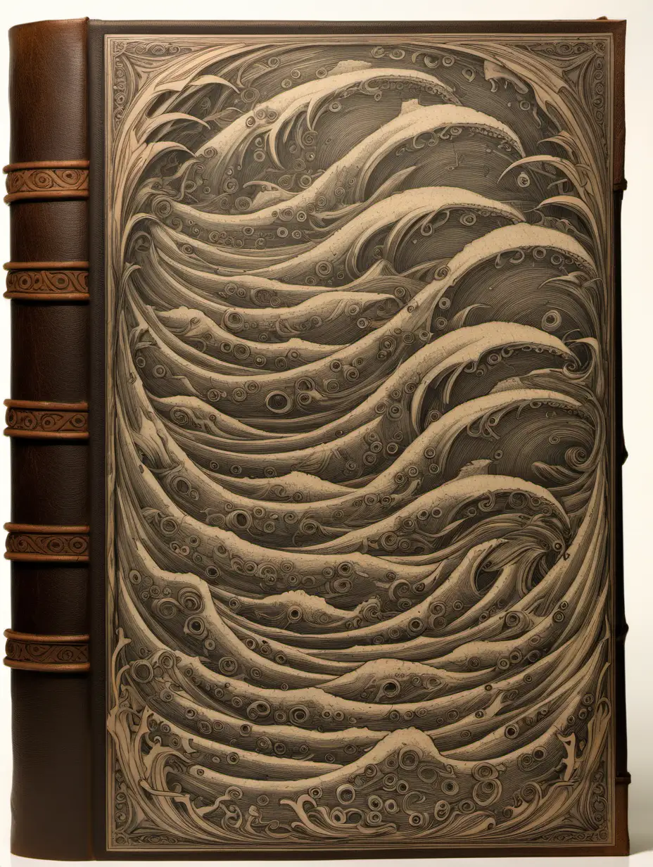 front aligned view of the narrow border of small designs of a blank book covered in leather in the theme "beneath the waves"