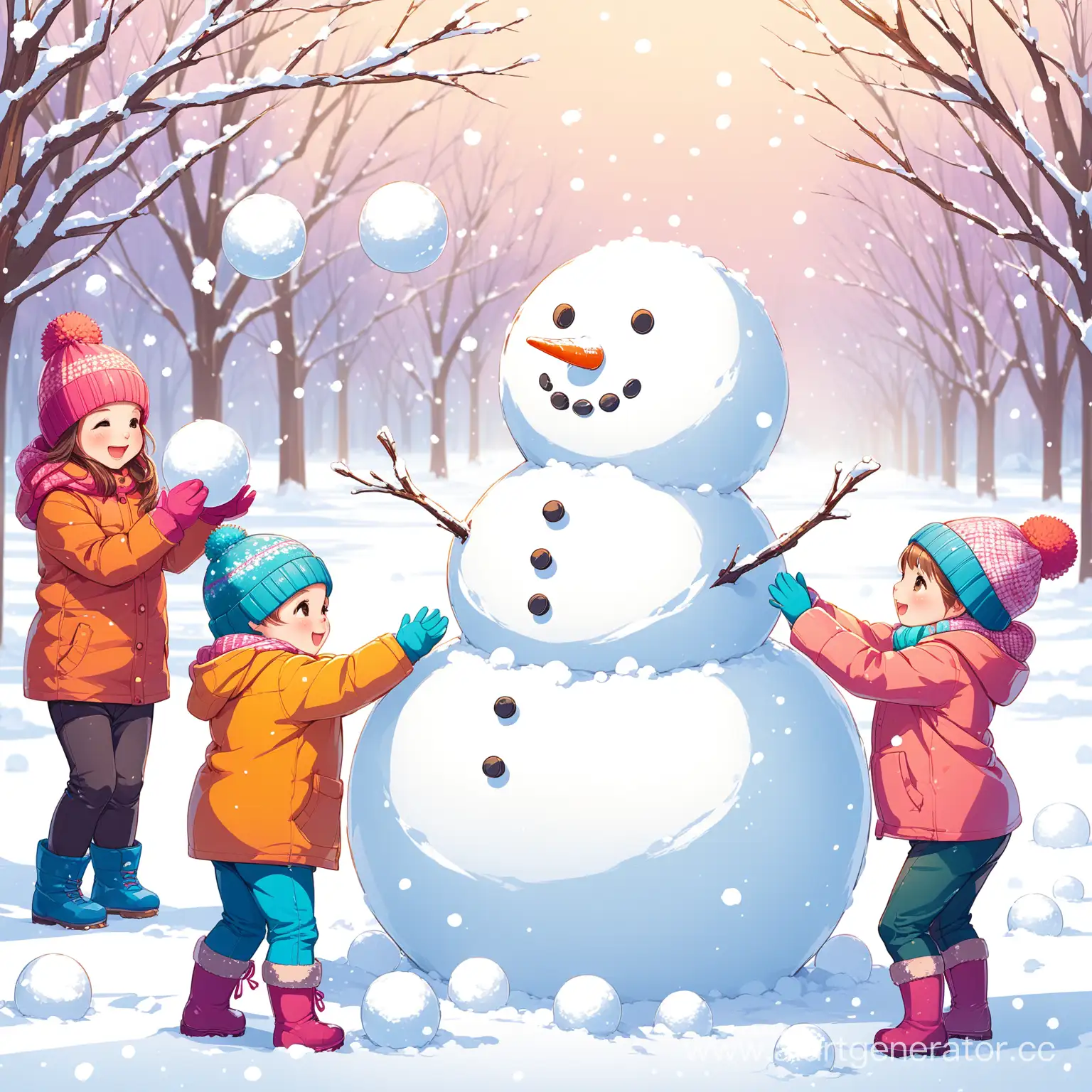 зима, дети играют в снежки, лепят снеговика 