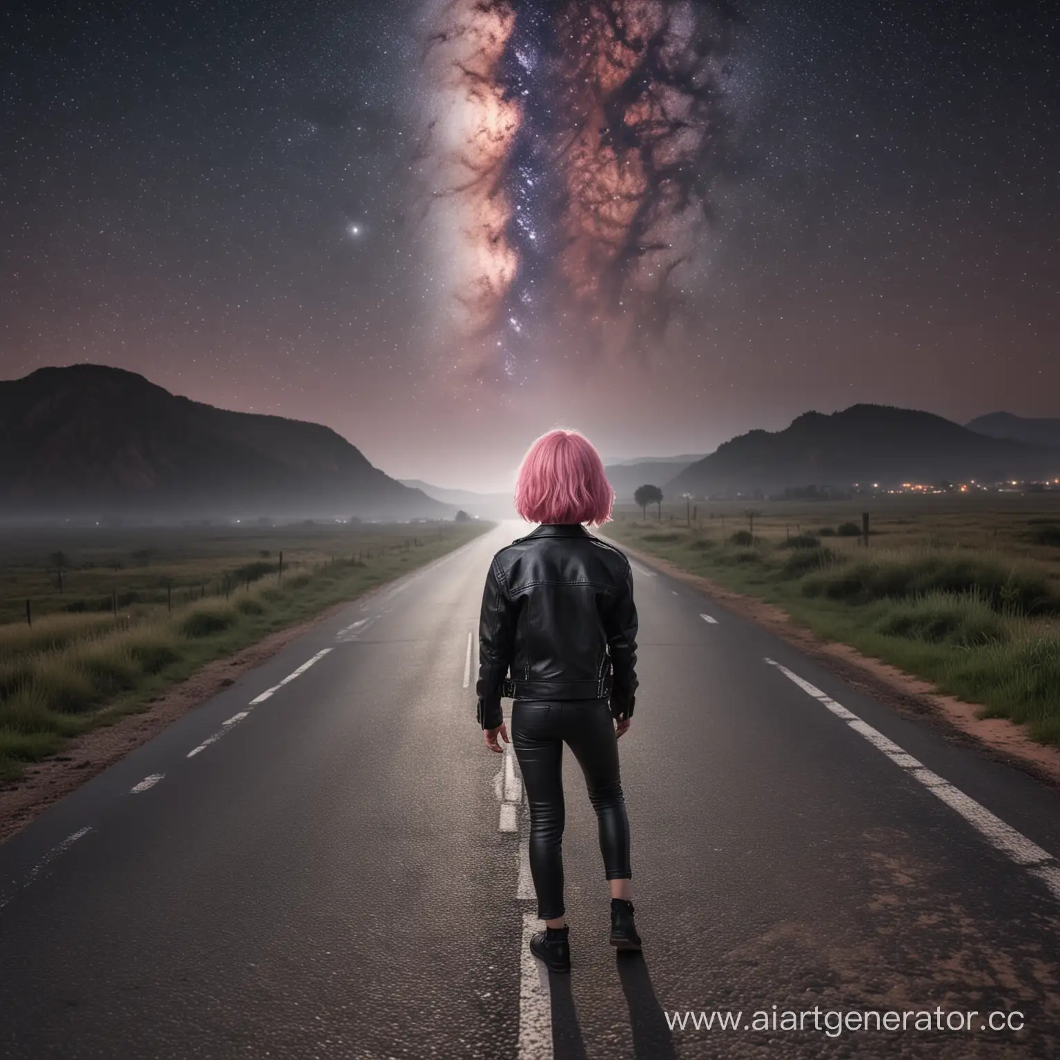 Girl-with-Pink-Hair-Walking-in-Dark-Night-Town-under-Milky-Way