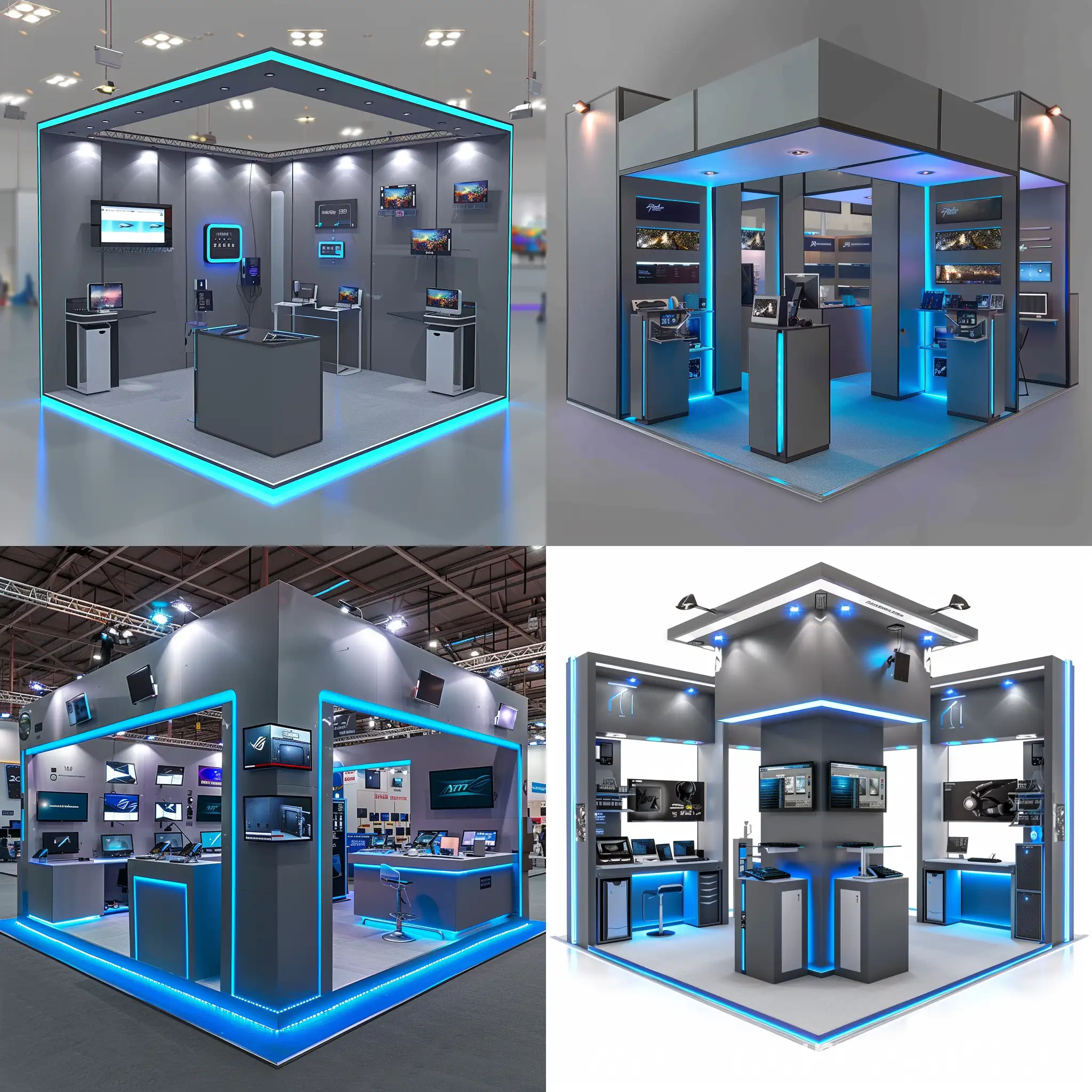 A booth selling computer accessories, with a side length of 10 m, a side width of 3 m and a height of 4.5 m, has two sides that are open, and the top of the booth cannot be closed, Corner booth, with a scientific and technological style, do not close the top of the booth, gray with blue light strips and high definition.

