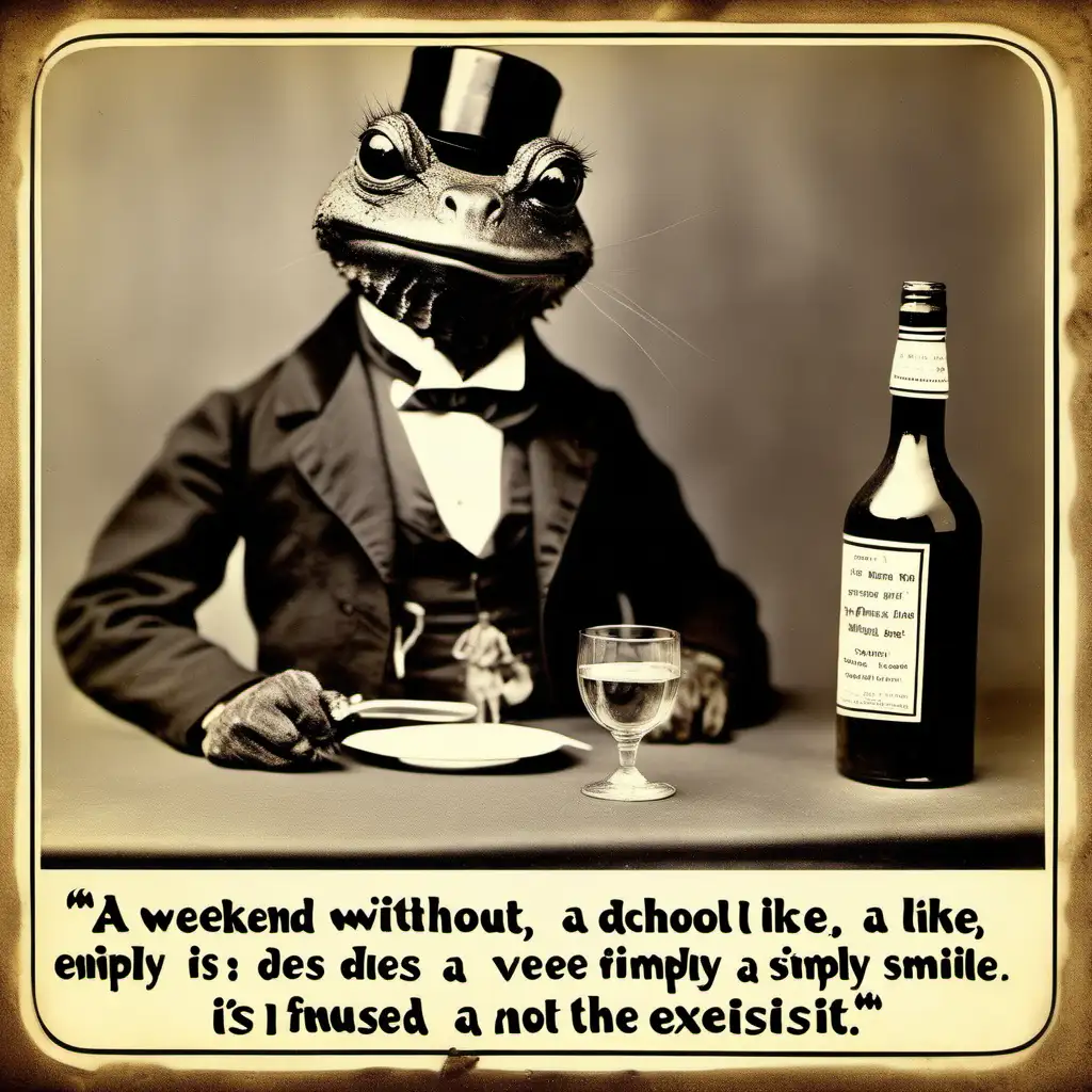 NO TEXTS OR SUBTITLES    Generate a real, very funny photo for this quote "A weekend without alcohol is like Friday without a smile - it simply does not exist!"  it is supposed to be humorous - in the photo we see a funny animal from the Victorian era.  The photo must not have any texts or inscriptions prohibited