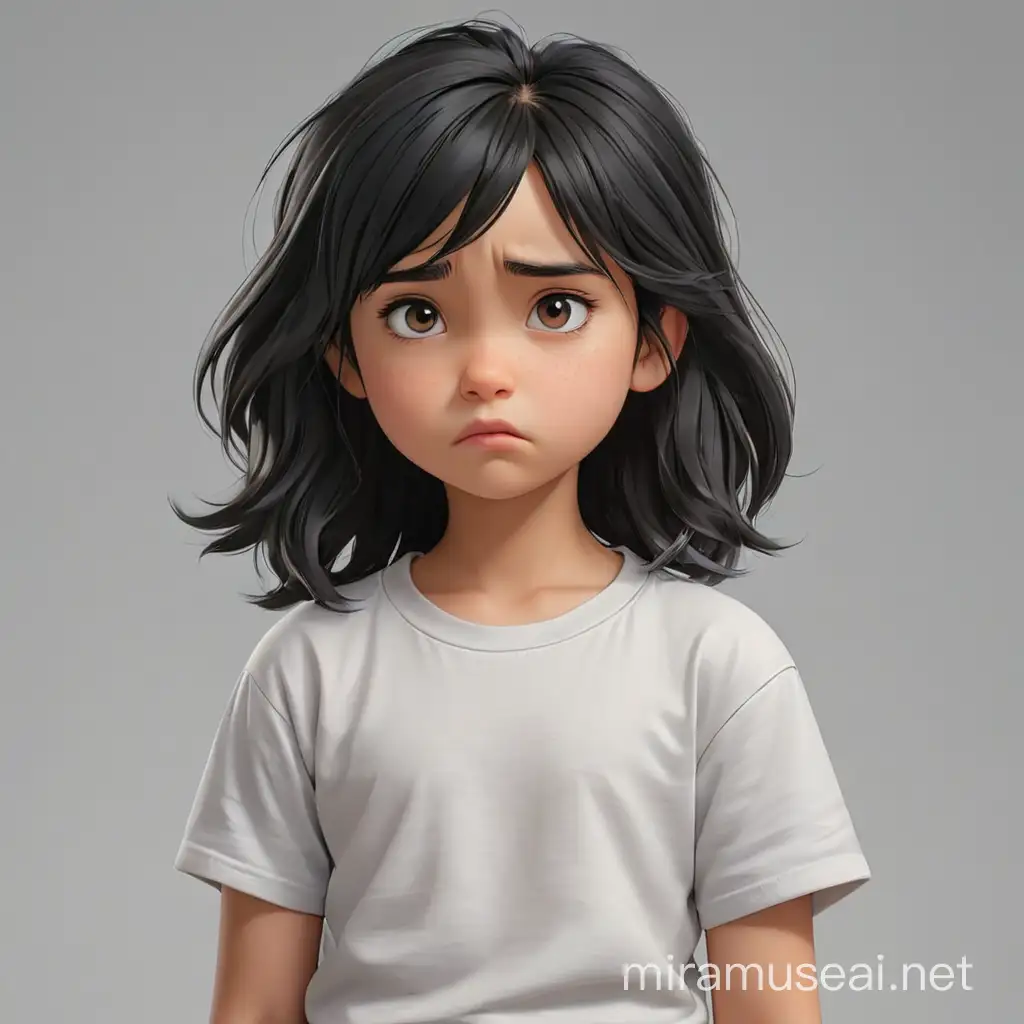 Petite fille, triste. Elle est dessinée avec un style réaliste presque 3D. Fond gris et plat. Elle a les cheveux noirs et porte un t-shirt blanc.