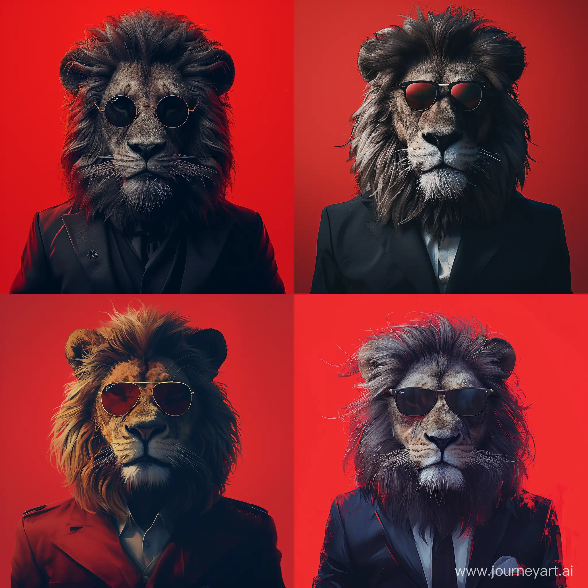 A Lion Wearing Formal Outfit, Sunglasses, Red Background, Cinematic Pose, Closeup, Alena Aenami Style, High Precision--v 6