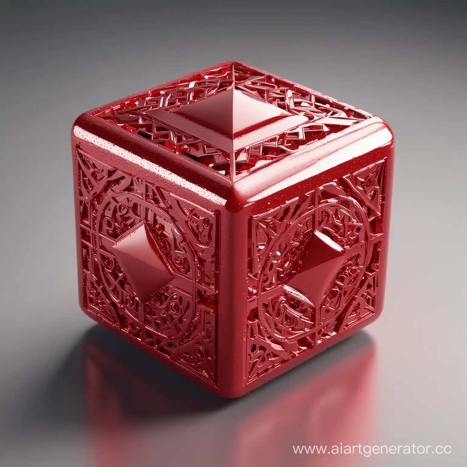красный глянцевый куб с металлическим геометрическим орнаментом на поверхностях