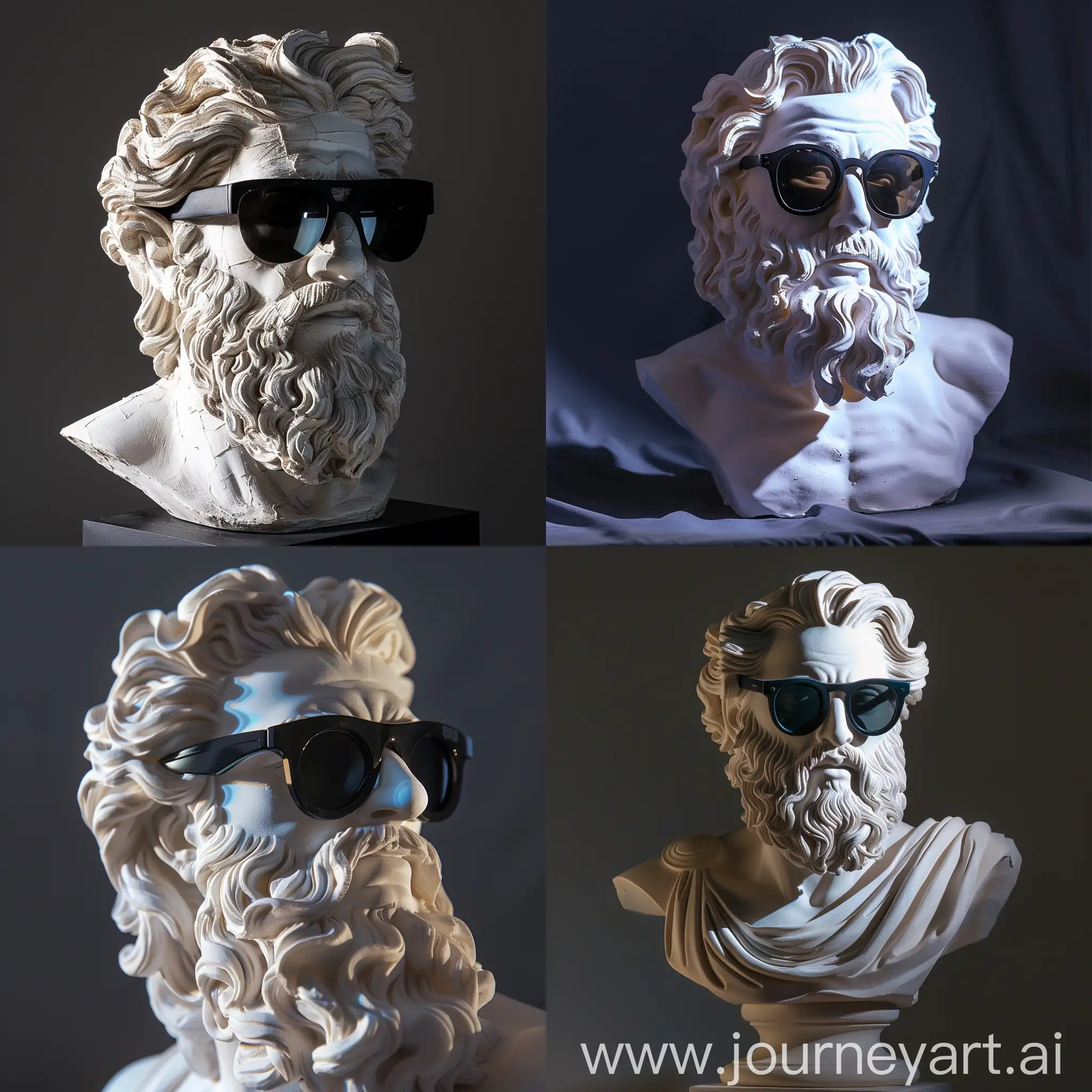A Plaster Sculpture of Zeus, Modern Black Sunglasses, White Light Reflections on Sculpture, Dark Background, Catalog Pose, Medium Shot, High Precision --v 6.0