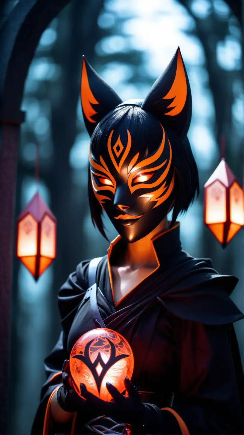 black kitsune mask wearing character from rwby, fantasy setting, glowing portal in background