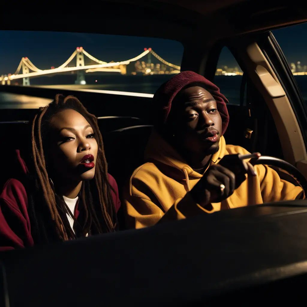 African-American couple  driving straight across San Francisco Bay bridge at night smoking a blunt sitting in their own seat inside Cadillac Escalade imale driver left hand on the steering wheel driving looking straight right hand on girlfriends knee,has light brown skin bald head with female sitting on the other side in passenger seat is dark brown red lipstick brown dreadlock hair yellow hoodie gold hoop earrings sitting listening to the radio windows smoking a blunt 