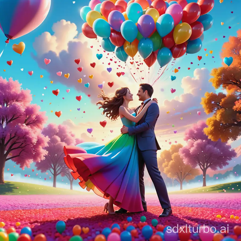 Romantic-Couple-Floating-in-Colorful-Heartfilled-Atmosphere-3D-Render