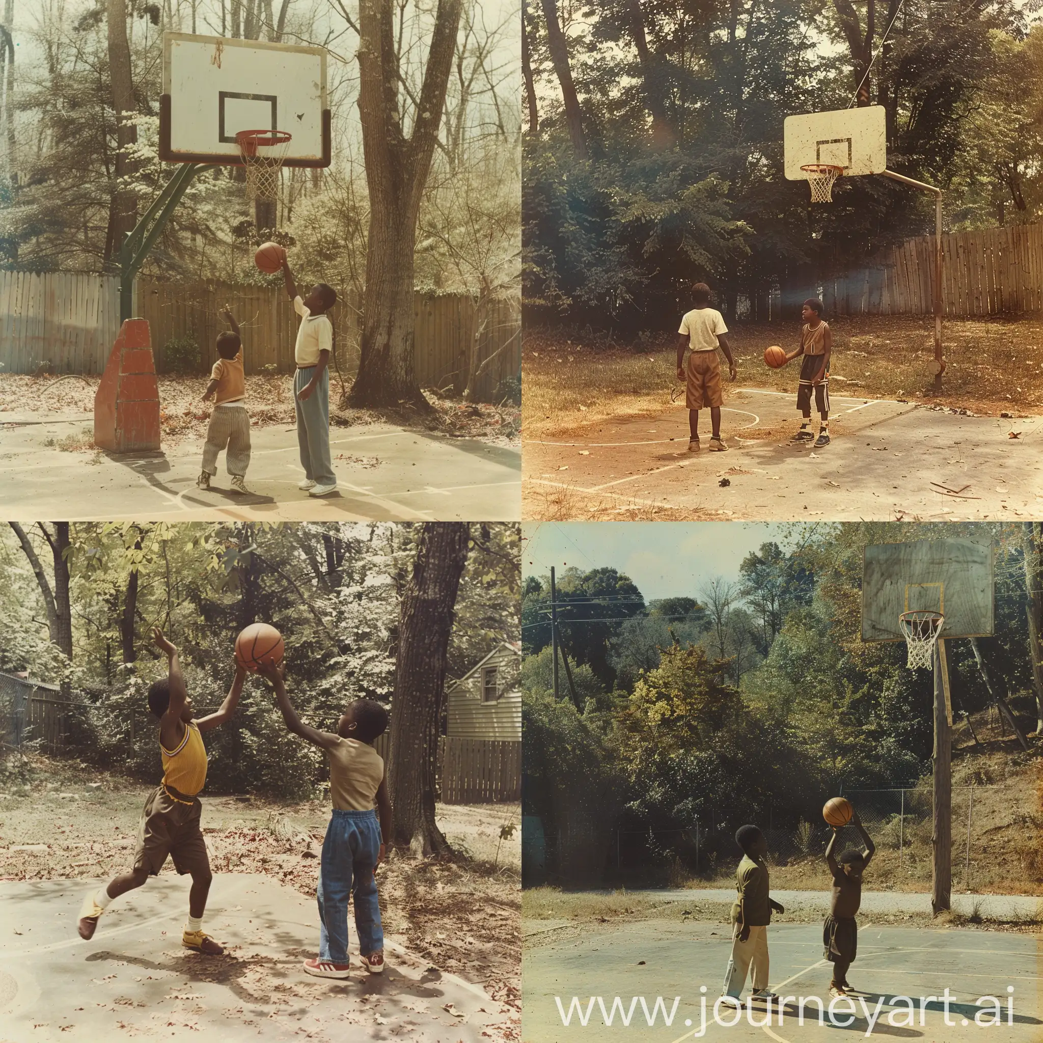 A 1970s Photograph,of a Black Kid playing basketball with his brother in his backyard,It is a sunny day and in the background is a forest.