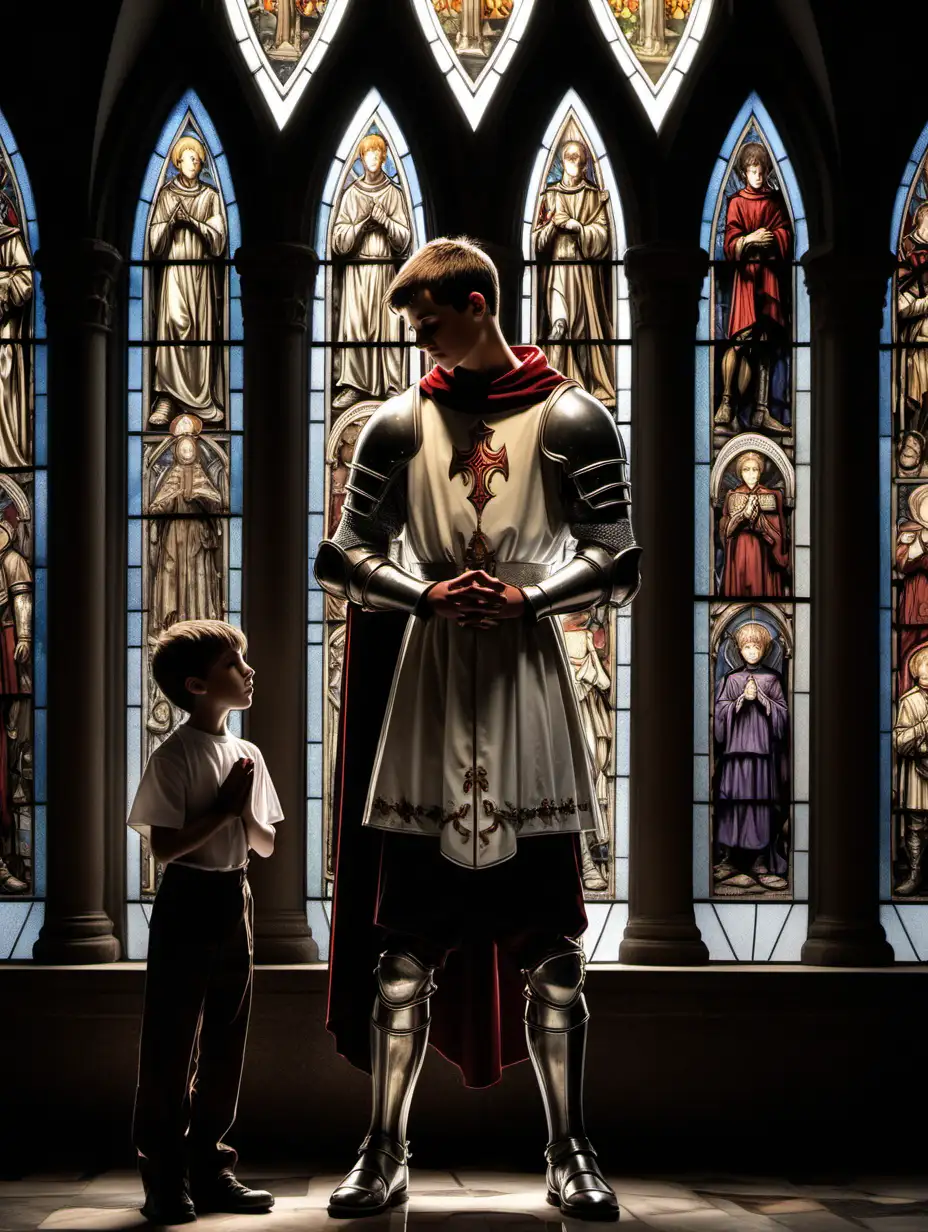 A short teenage altar boy standing next to a tall handsome muscular knight short hair stained glass praying height difference 