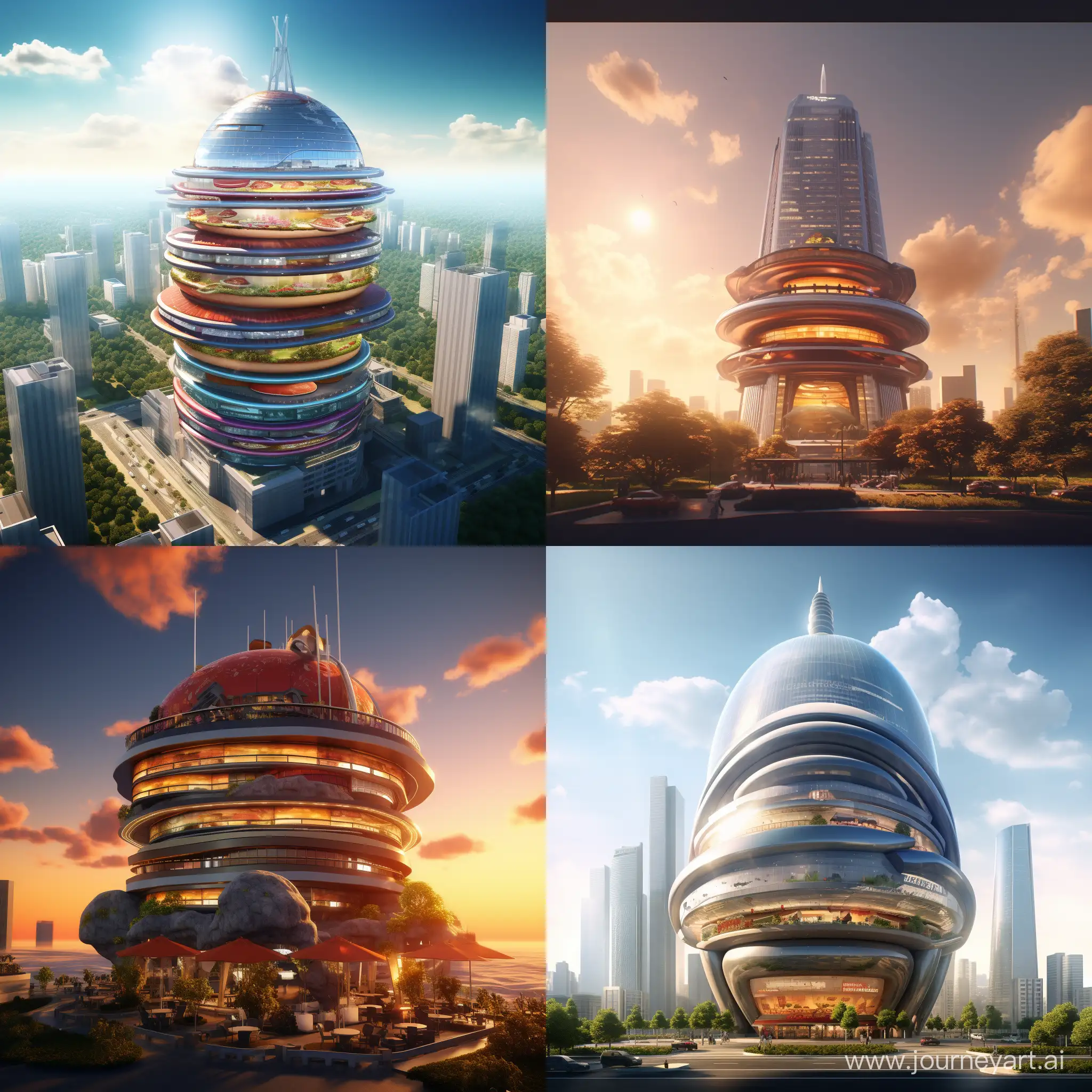 A huge burger-shaped skyscraper. 3D animation 