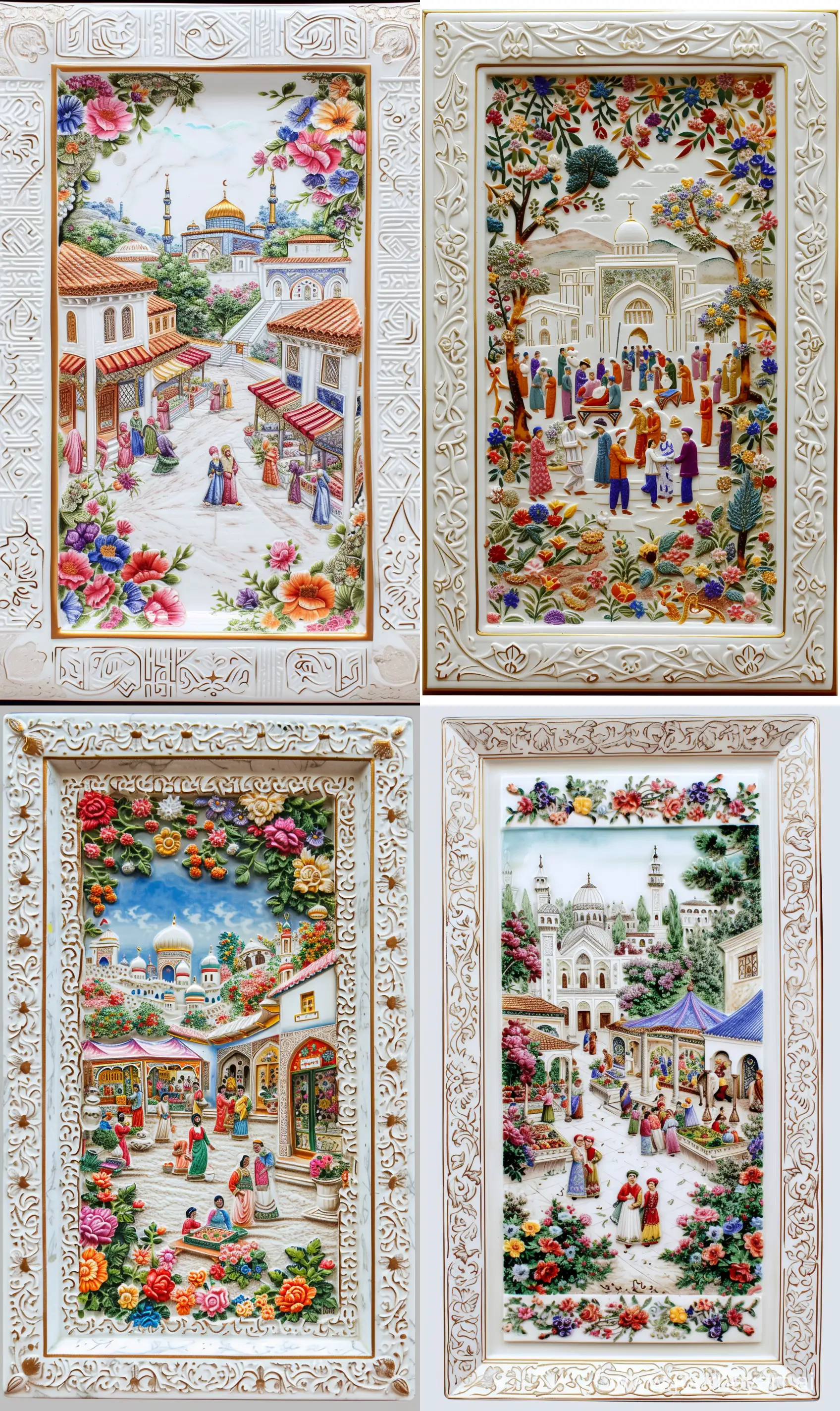 A colorful Persian miniature painting scenery carved on an Iznik porcelain depicting mosque and garden marketplace, framed within solid 3d embossed islamic arabesque floral motifs on white marbled border, straight edges, shiny metallic gold outlines --ar 3:5