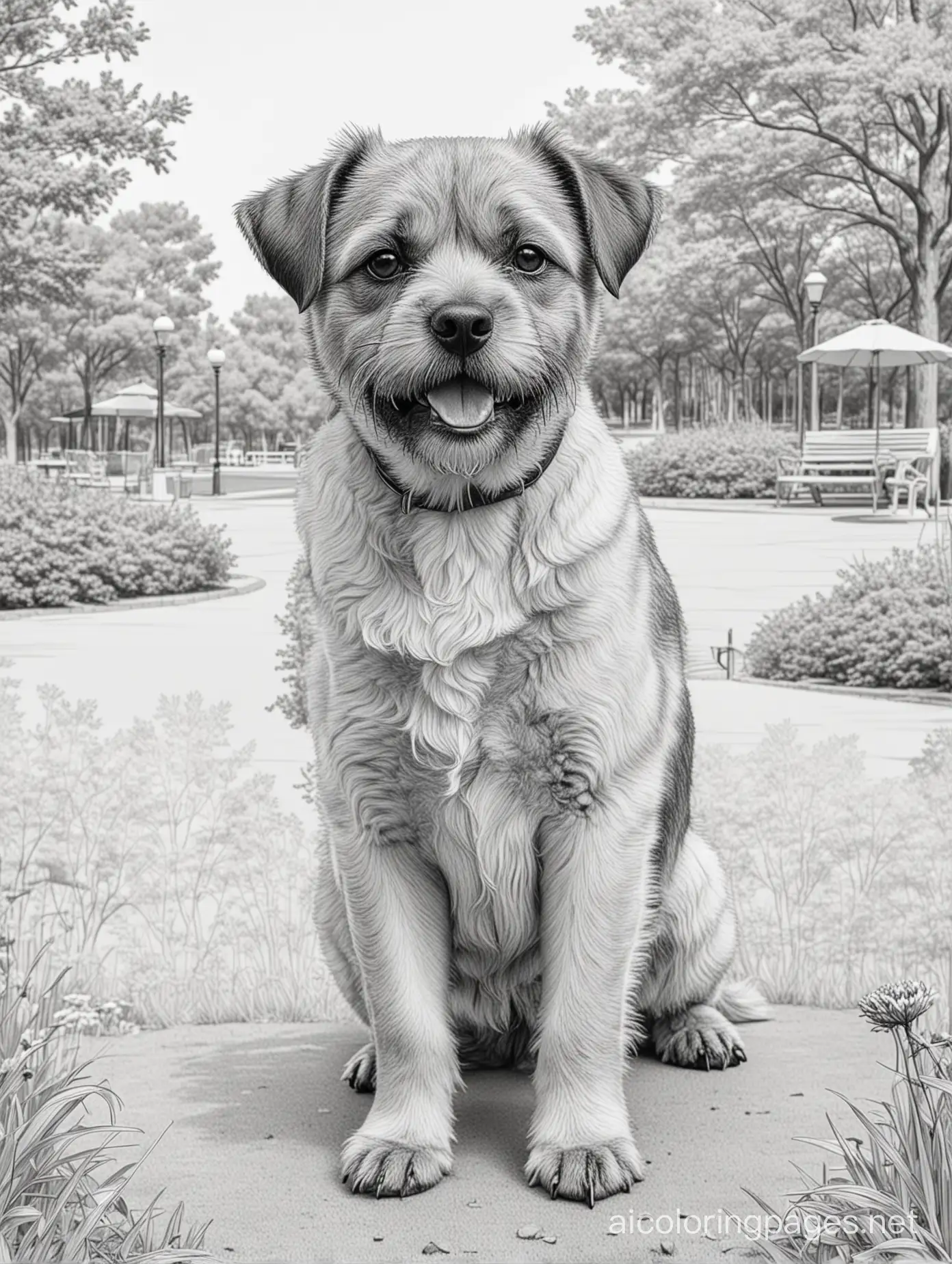 Outline sketch , realistic happy Border Terrier  dog playing with children at the park,  elegant  ,  extremely detailed  masterpiece  crisp quality,  line art  , Coloring Page, black and white, line art, white background, Simplicity, Ample White Space. The background of the coloring page is plain white to make it easy for young children to color within the lines. The outlines of all the subjects are easy to distinguish, making it simple for kids to color without too much difficulty