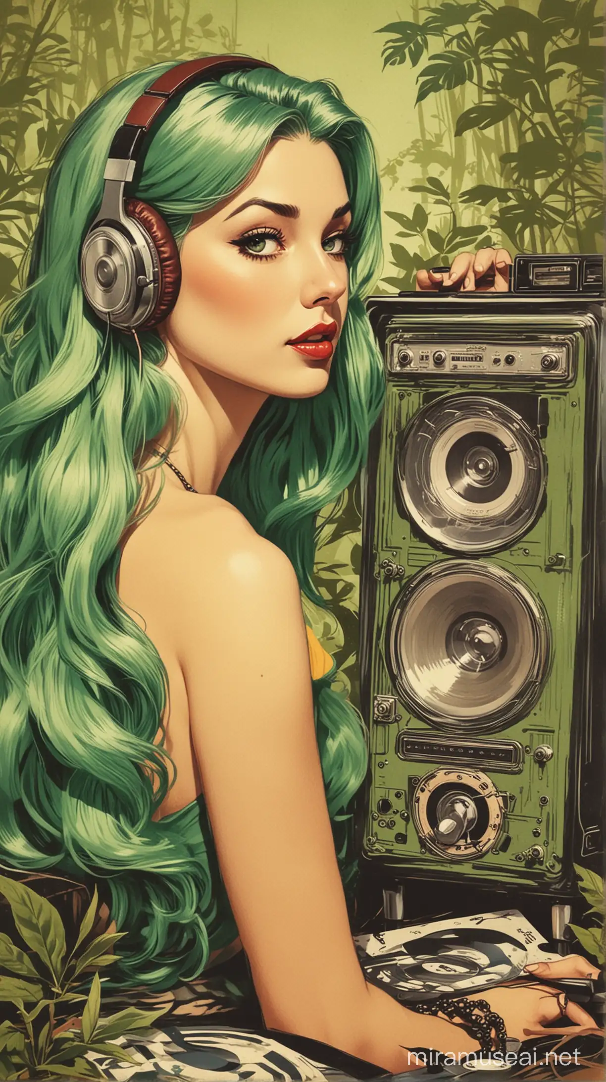 Vintage Pinup Poster Elegant Lady with Green Hair and Minidisc Player in Swamp Composition