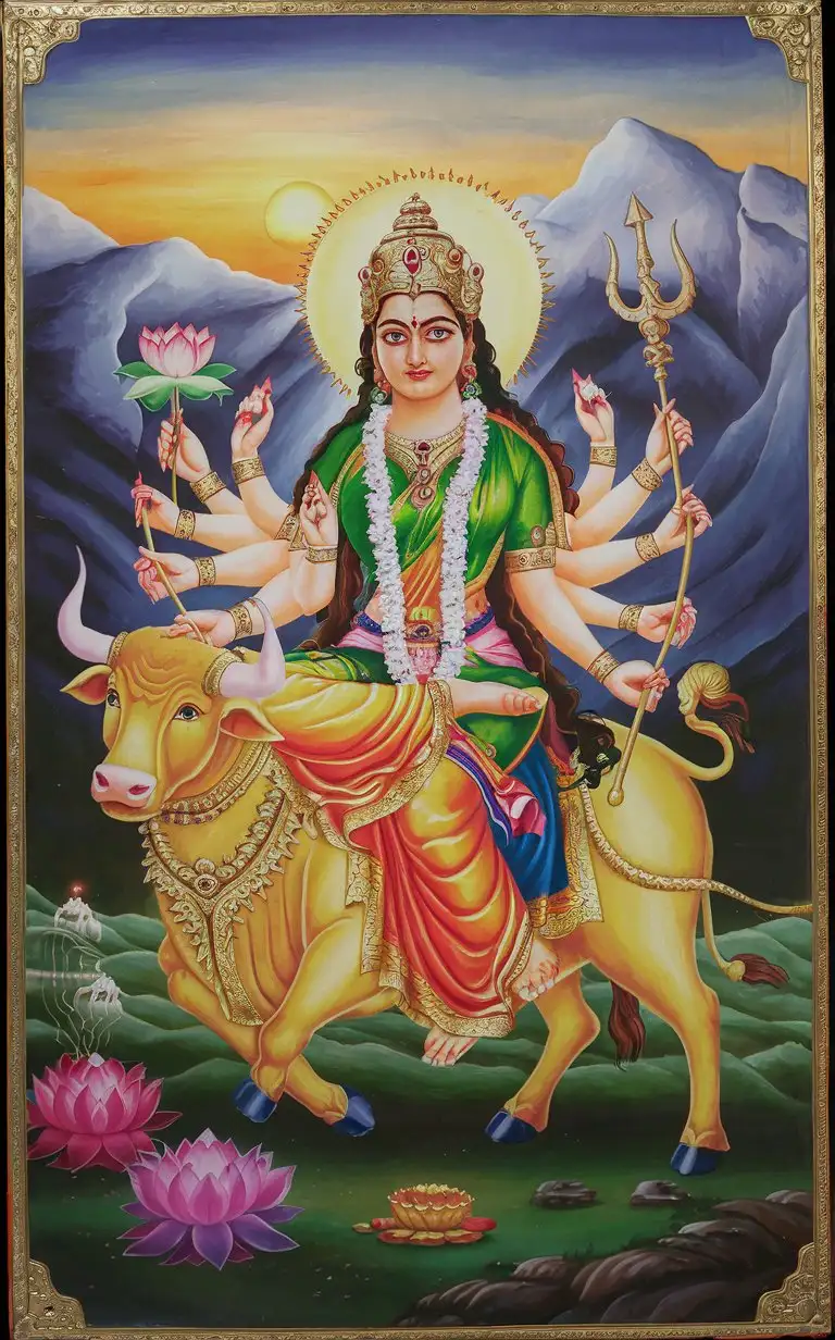 Shailaputri Depiction of the First Form of Goddess Durga with Lotus and Trident