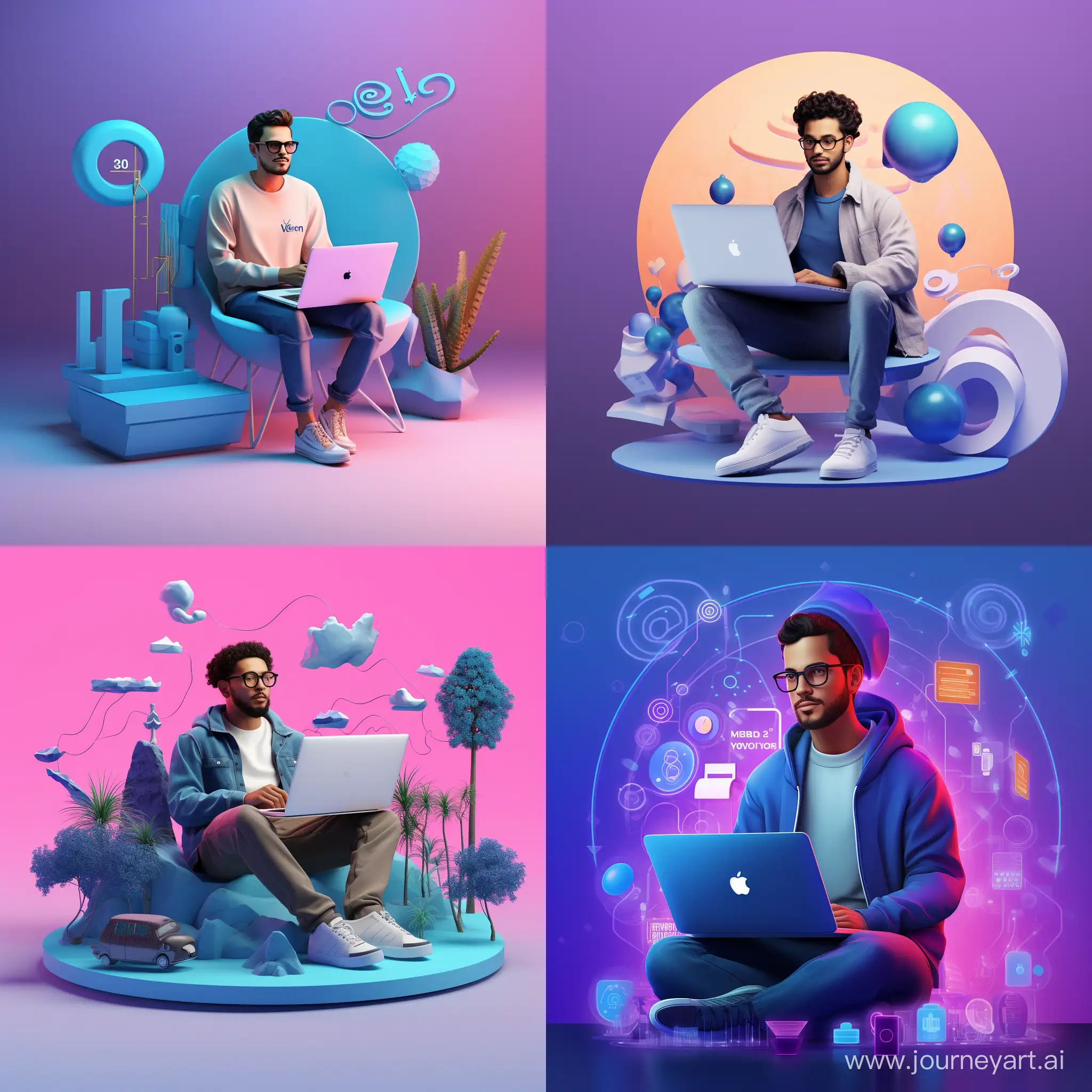
‏Create a 3D illustration featuring a realistic man,
‏casually sitting with a blue dell laptop beside of a
‏social media logo, specifically 'Facebook.' The
‏character should looks like a Graphic designer and
‏Enterprenure, background of the image should
‏showcase a social media profile page real data
‏username `Adel Sadah' and a matching
