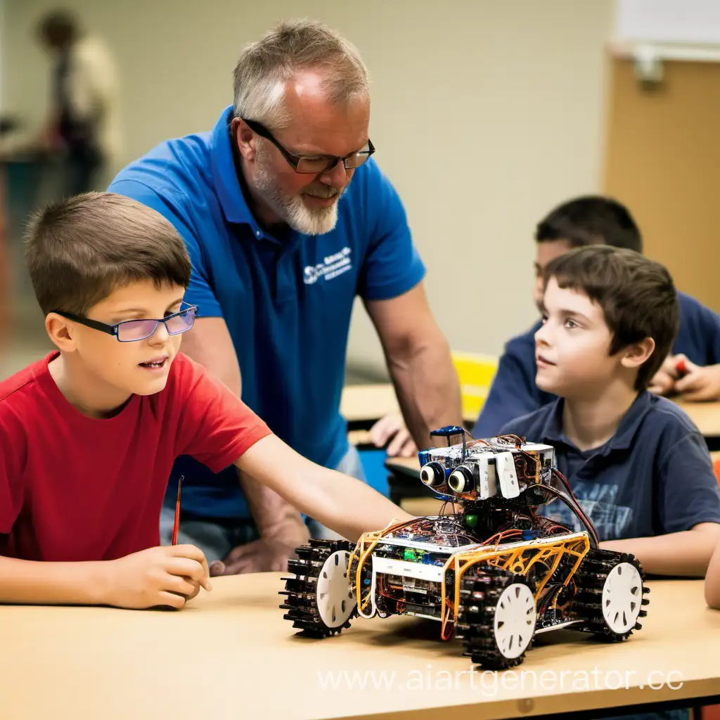 мужчина, преподаватель робототехники, занимается с ребятами-инженерами будущего