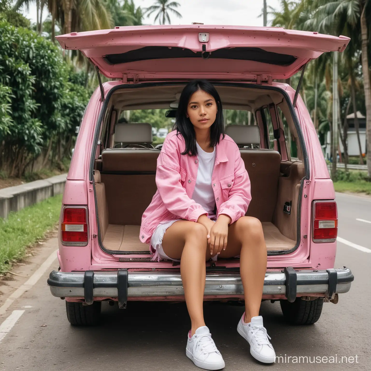 A Malay girl with straight black hair in a pink jeans jacket wears a white t-shirt and short pink skirt, white sneakers and sits on the edge of the open trunk of the back of a parked silver Pajero car, looking at the camera.