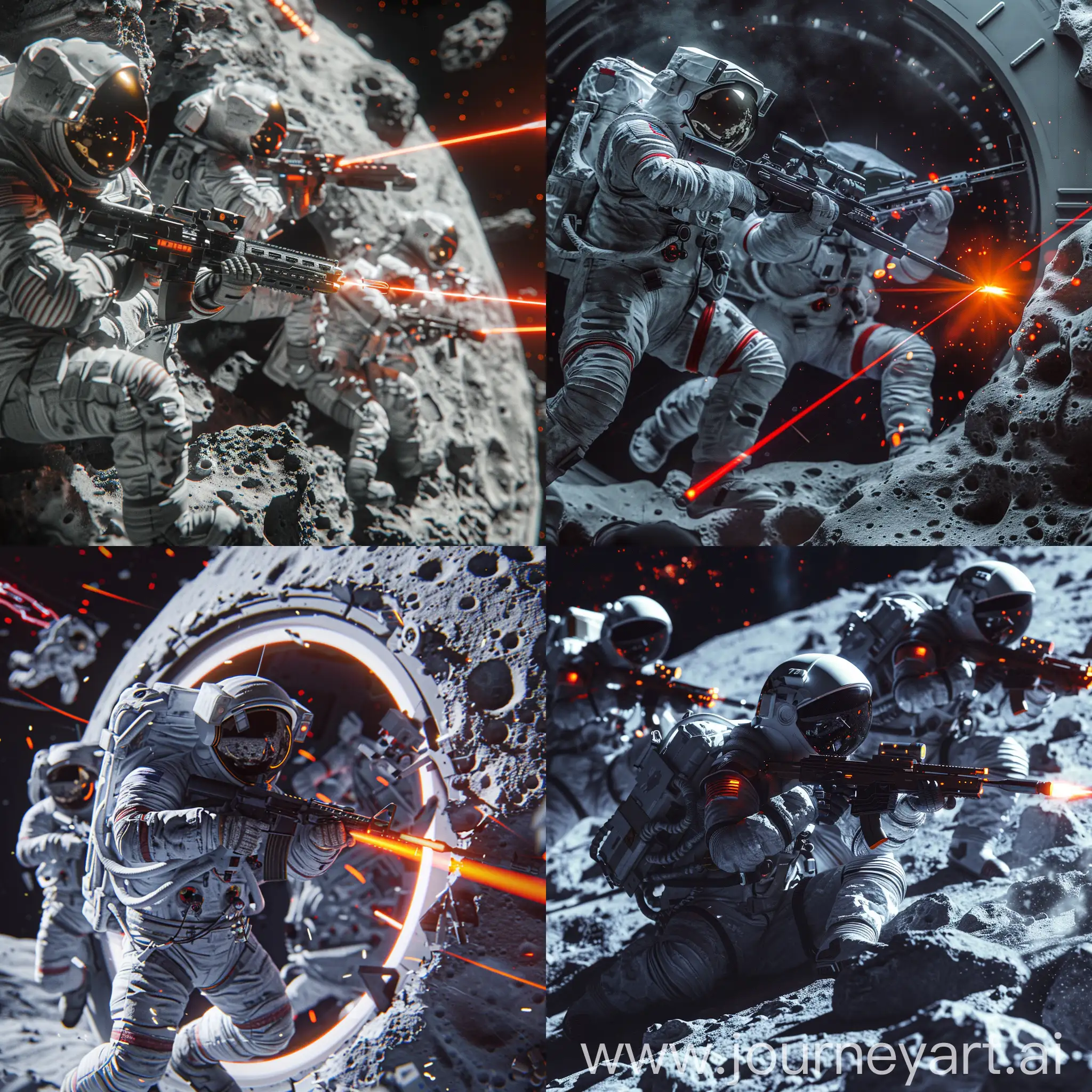 科幻战斗场景，宇航员在月球基地内，携带高科技自动步枪交火，强烈动态感，新未来主义风格，明亮LED光效与月球昏暗背景对比，寒冷金属色调，局部红橙激光光线，从侧面角度视图，4K超高清质量。
