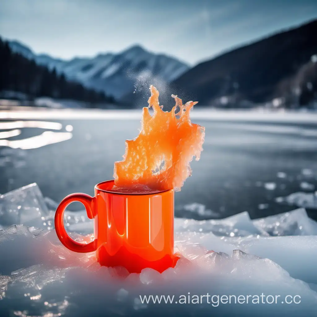 Steaming-Neon-Orange-Mug-on-Melting-Ice-with-Winter-Mountain-Backdrop