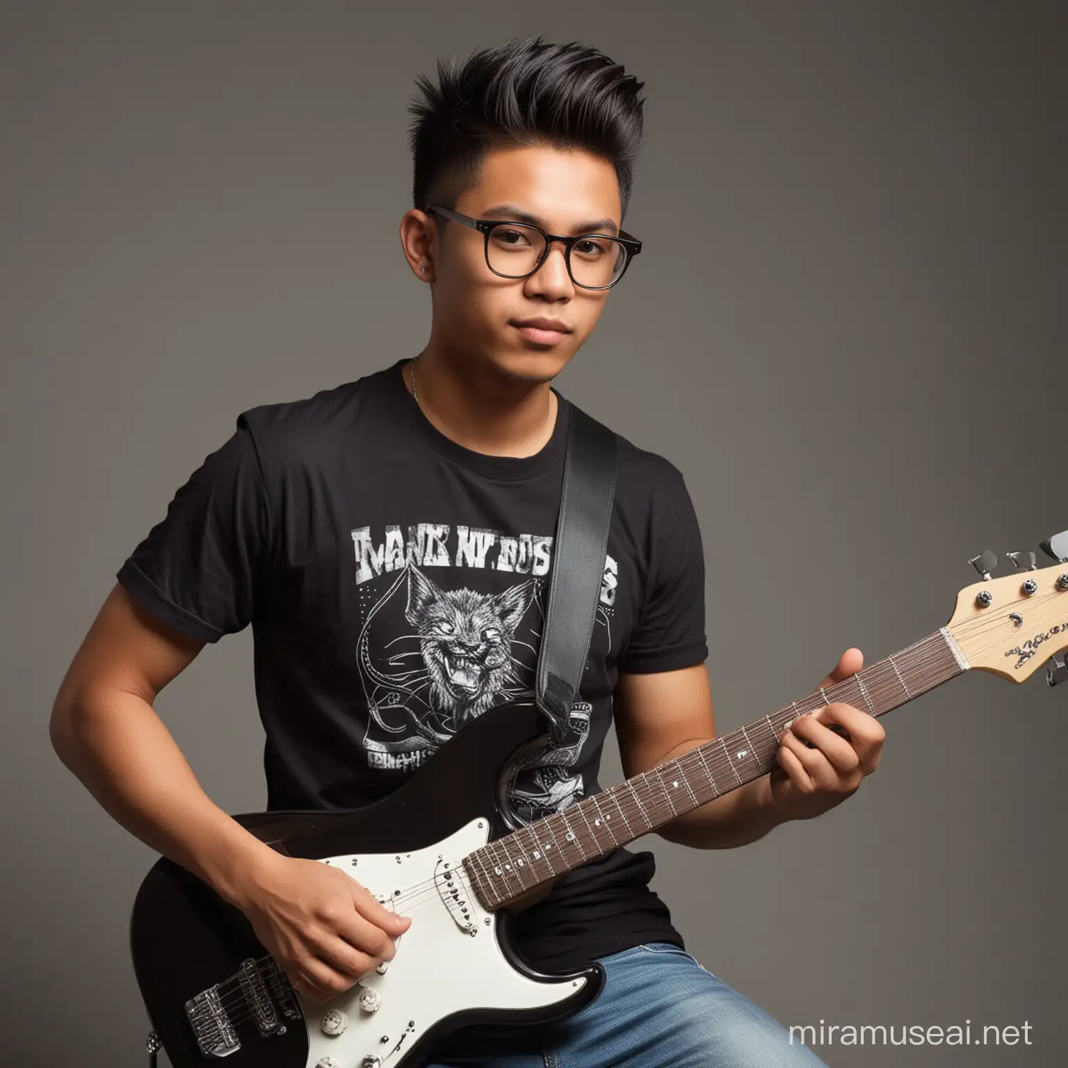 buatkan potret seorang remaja Philipina berusia 25 tahun, berkacamata, undercut  faux hawk hairstyle sedang main gitar elektrik di ruang musik pose santai dan terlihat gagah, badan tegap , ia mengenakan kaos hitam celana jeans, gambar tajam dan jernih, detail sempurna 