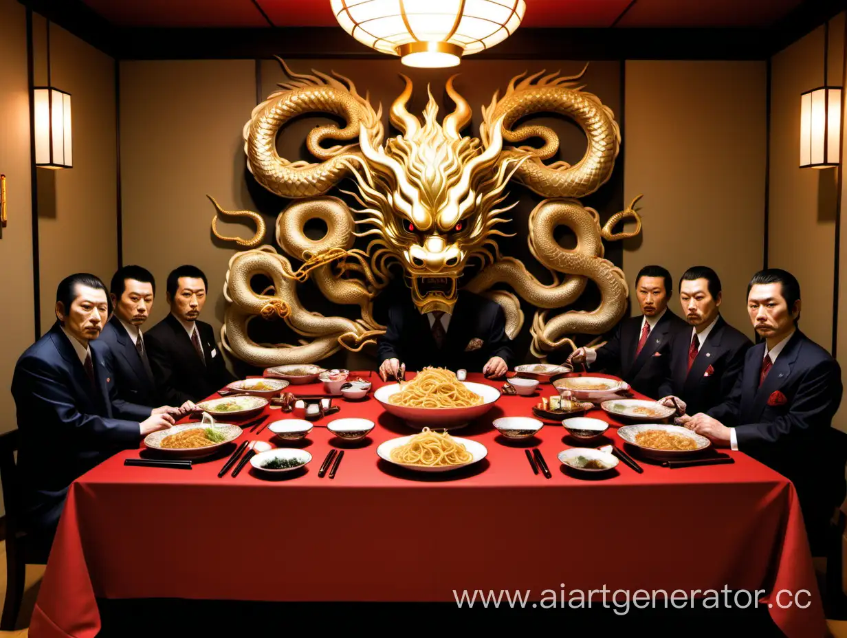 глава якудзы по имени Харакири устроил званый ужин, лапша удон, драконьи головы из золота, красный пол, столы украшены иероглифами .