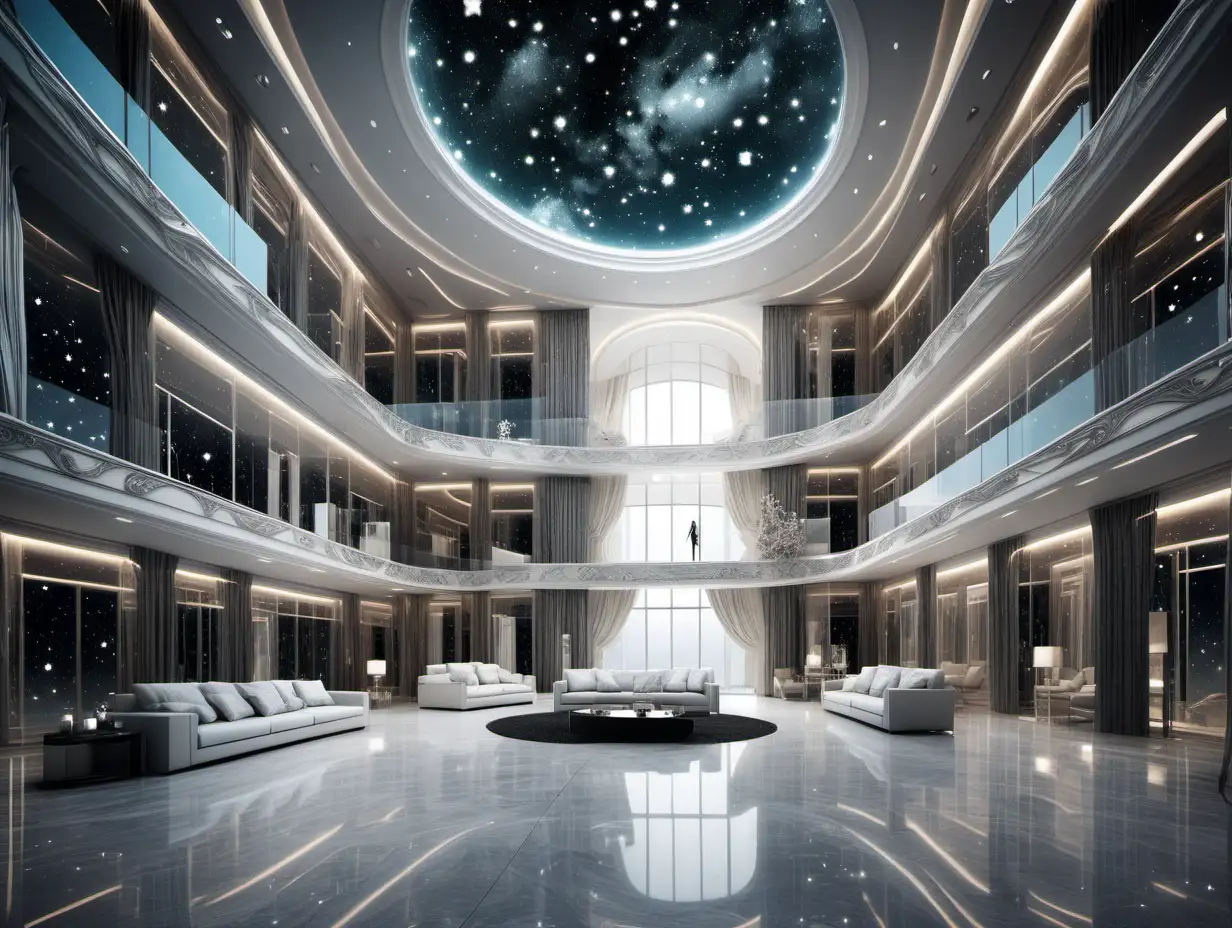 luxury interior of a mind palace. spatial environments. loci. modern. very large. double height. a lot of stars. very intricately and microscopically detailed. 