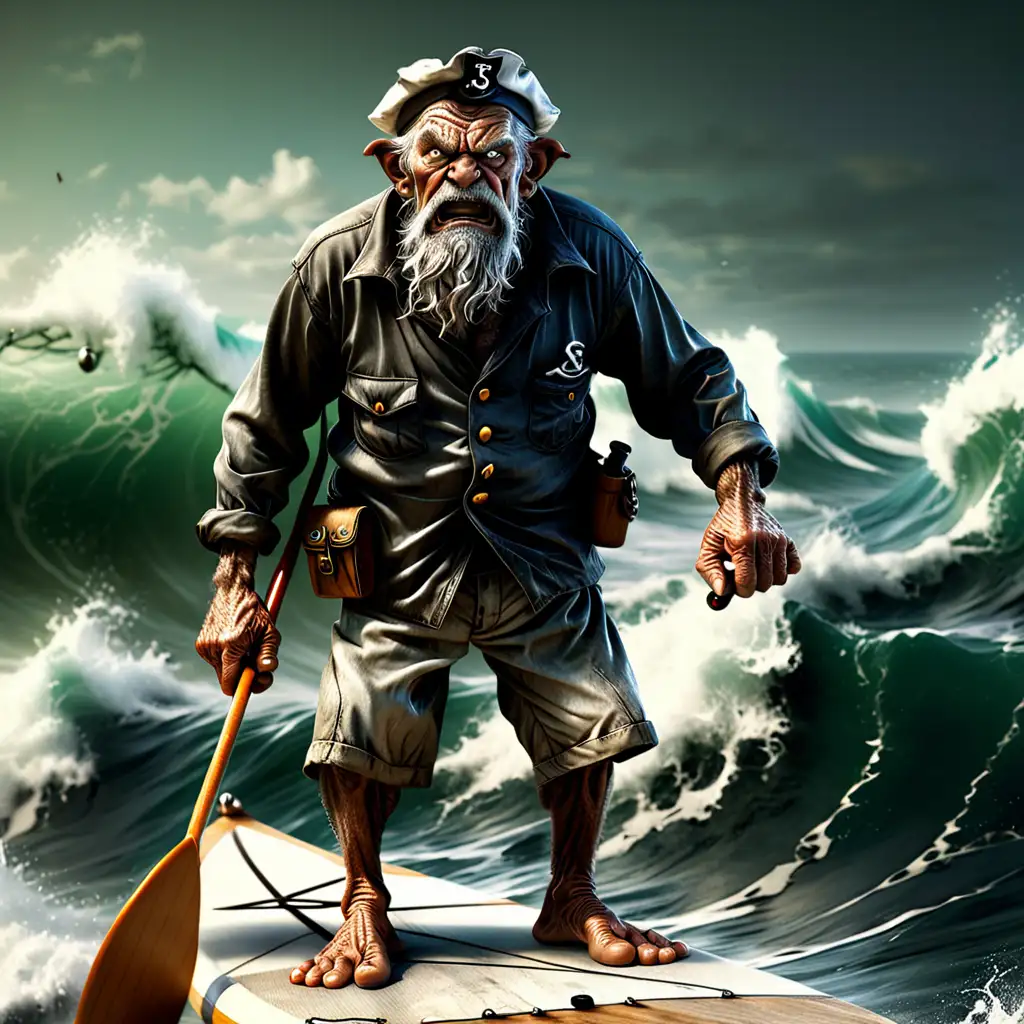 photorealistic angry gruff old wrinkled sailor with pipe standing on surfboard surfing in the ocean