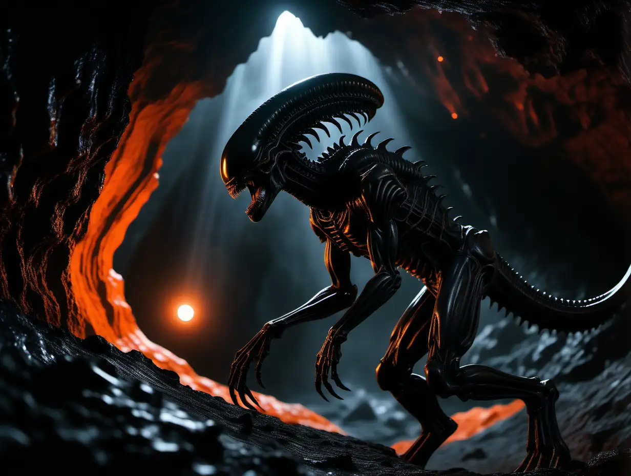 Photorealistic, HD, side view of  a black xenomorph in a dark cave on an alien planet, background is a mysterious orange glowing cave 
