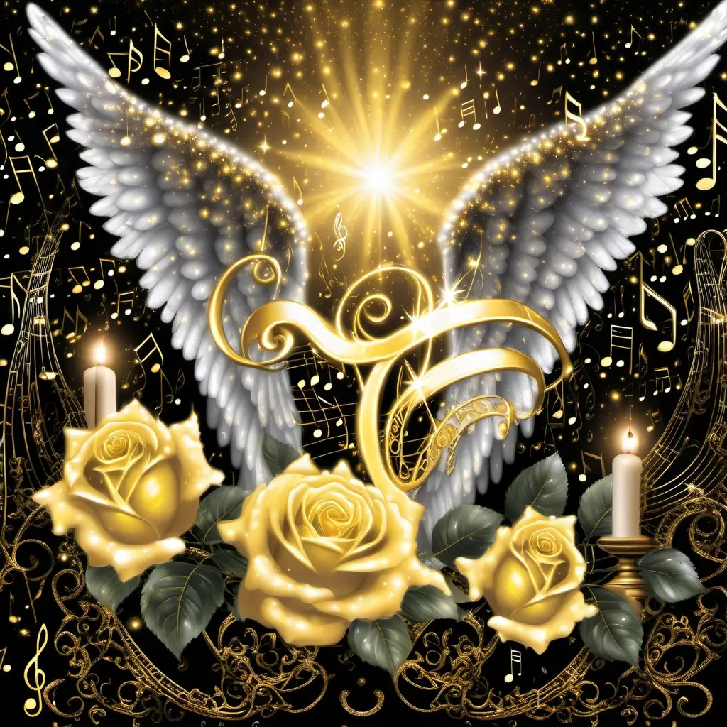 angel wings, with yellow rose, music note background,  filigree, sparkle, glistening, glowing, glittery, bronze White, Black, gold, Thomas Kinkade