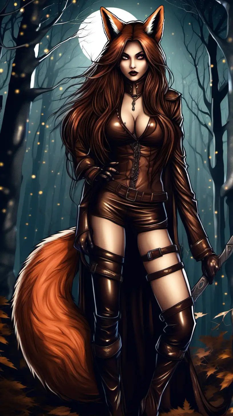 An image of a sexy, curvy evil half fox half human highbreed, very pretty and evil look, long straight  brown hair, wearing leather tights, a foxes tail and ears, in a forest in a detail fantasy style at night 