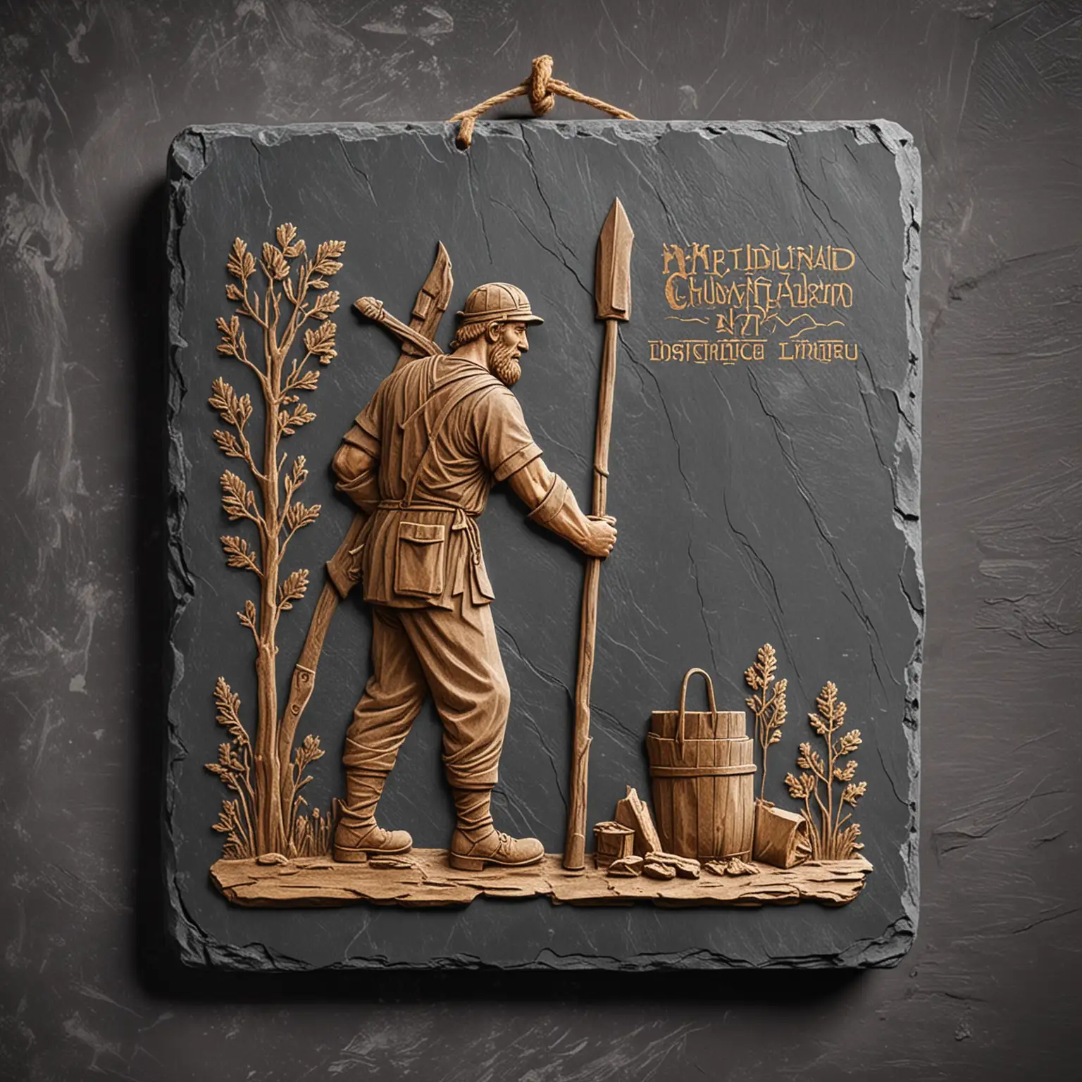 ancient woodcutter pictorial sign on slate background