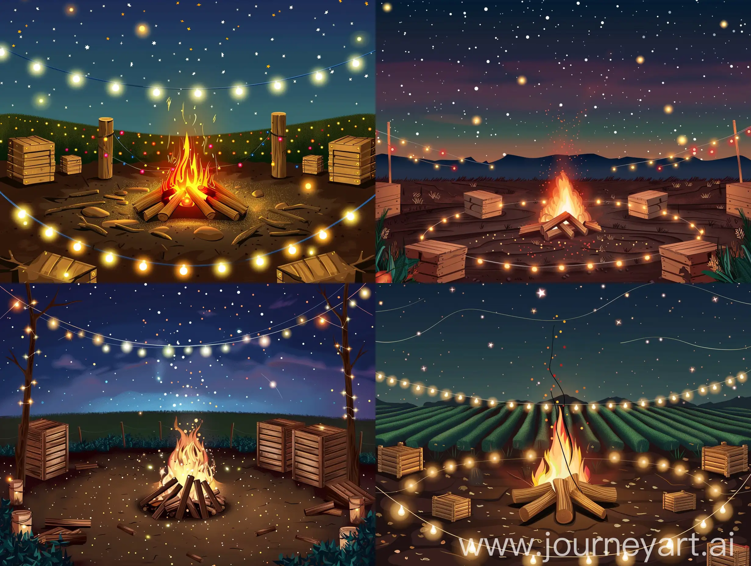 Rustic-Campfire-Scene-on-Arable-Land-with-Wooden-Crates-and-String-Lights