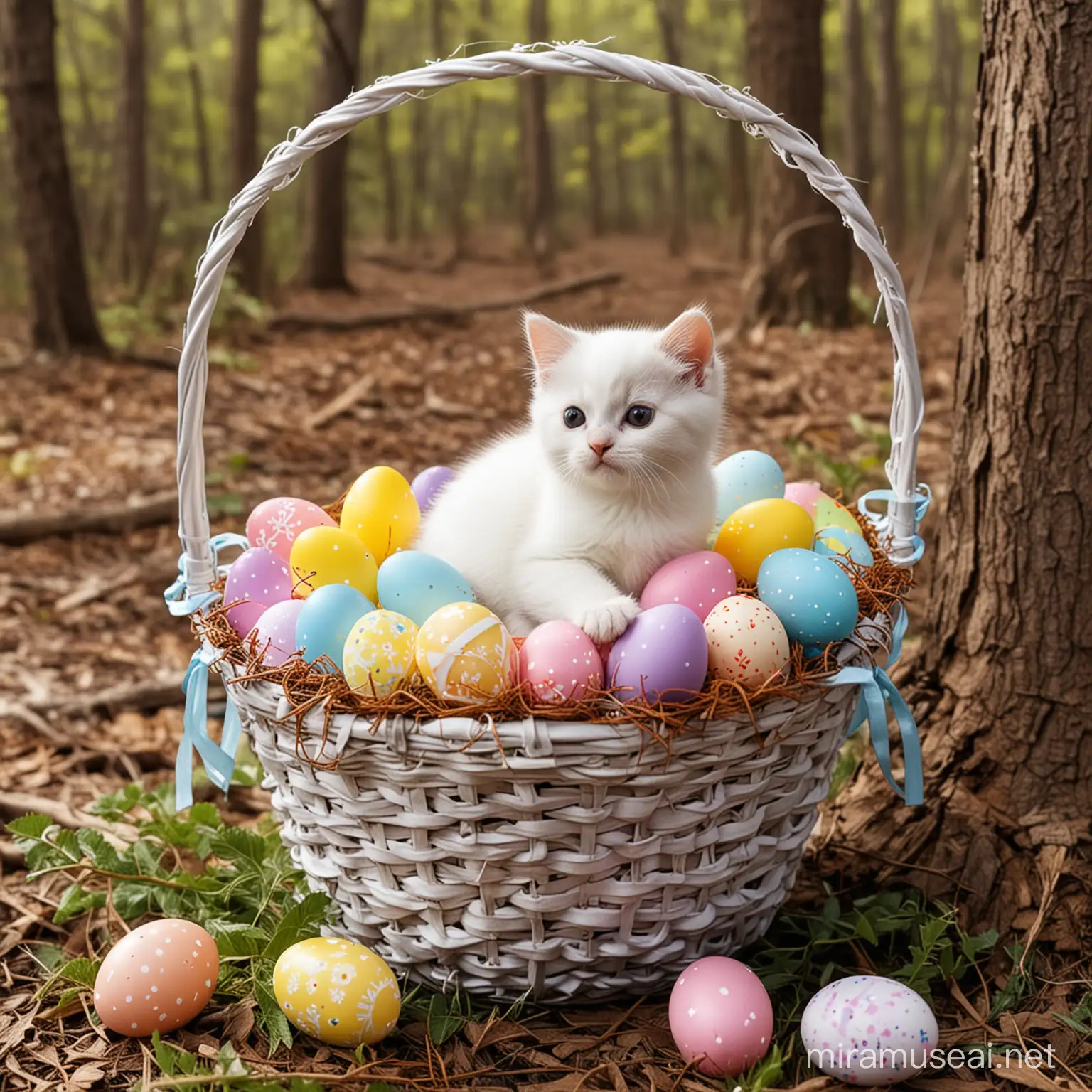 Adorable Kitten in Easter Basket Amidst Lush Woods