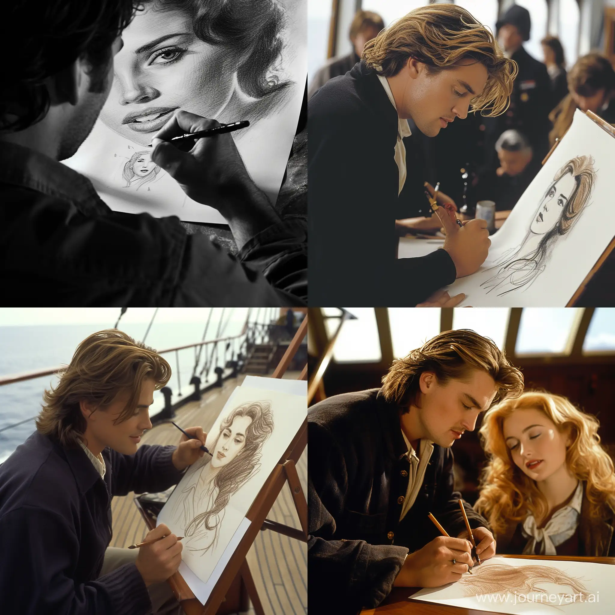 Titanic movie scene, Jack drawing a portrait of Rose