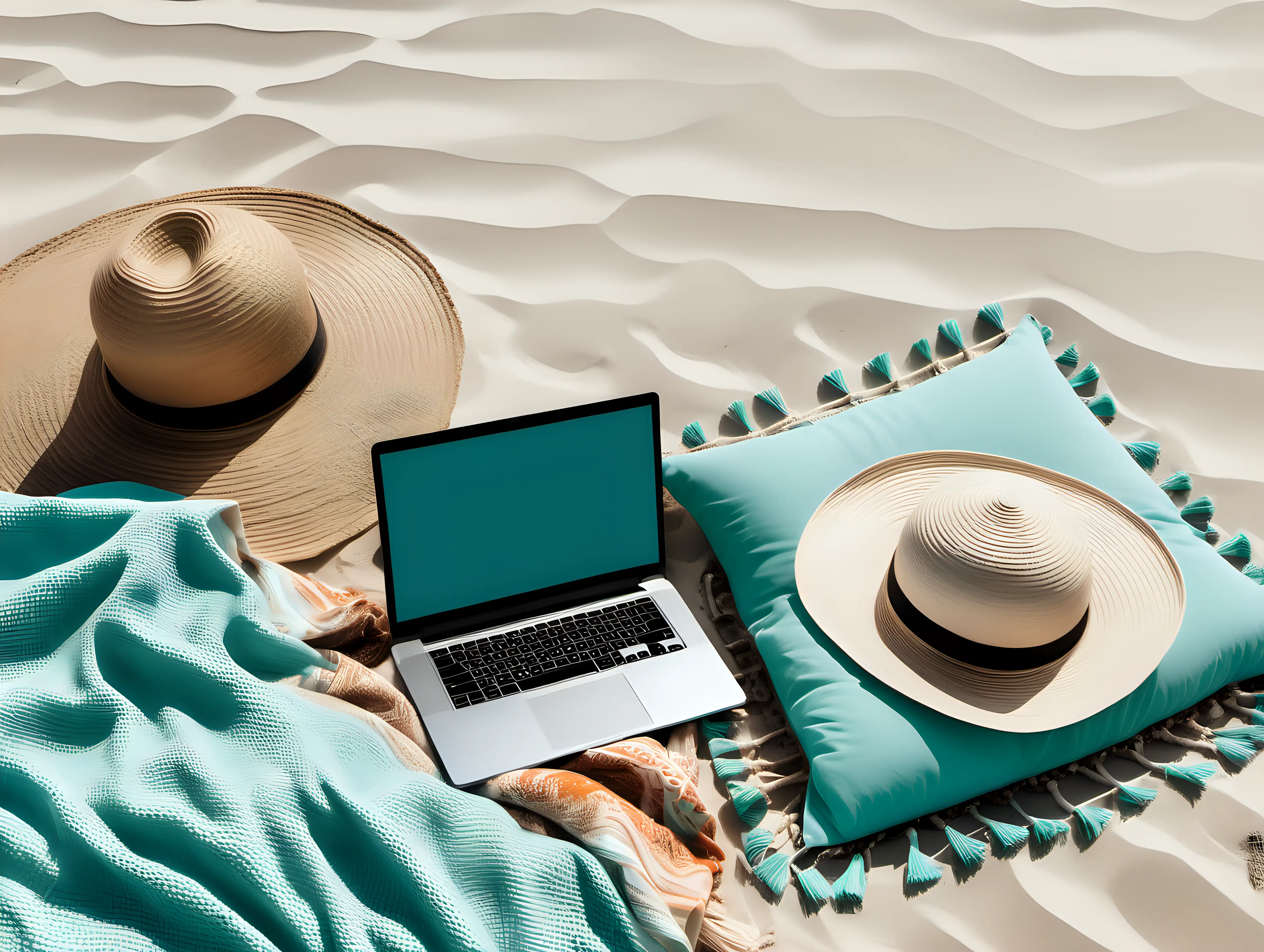 beach scene on sand with closed laptop, blanket, boho pillow and beach hat, neutrals and pop of light teal, upscale
