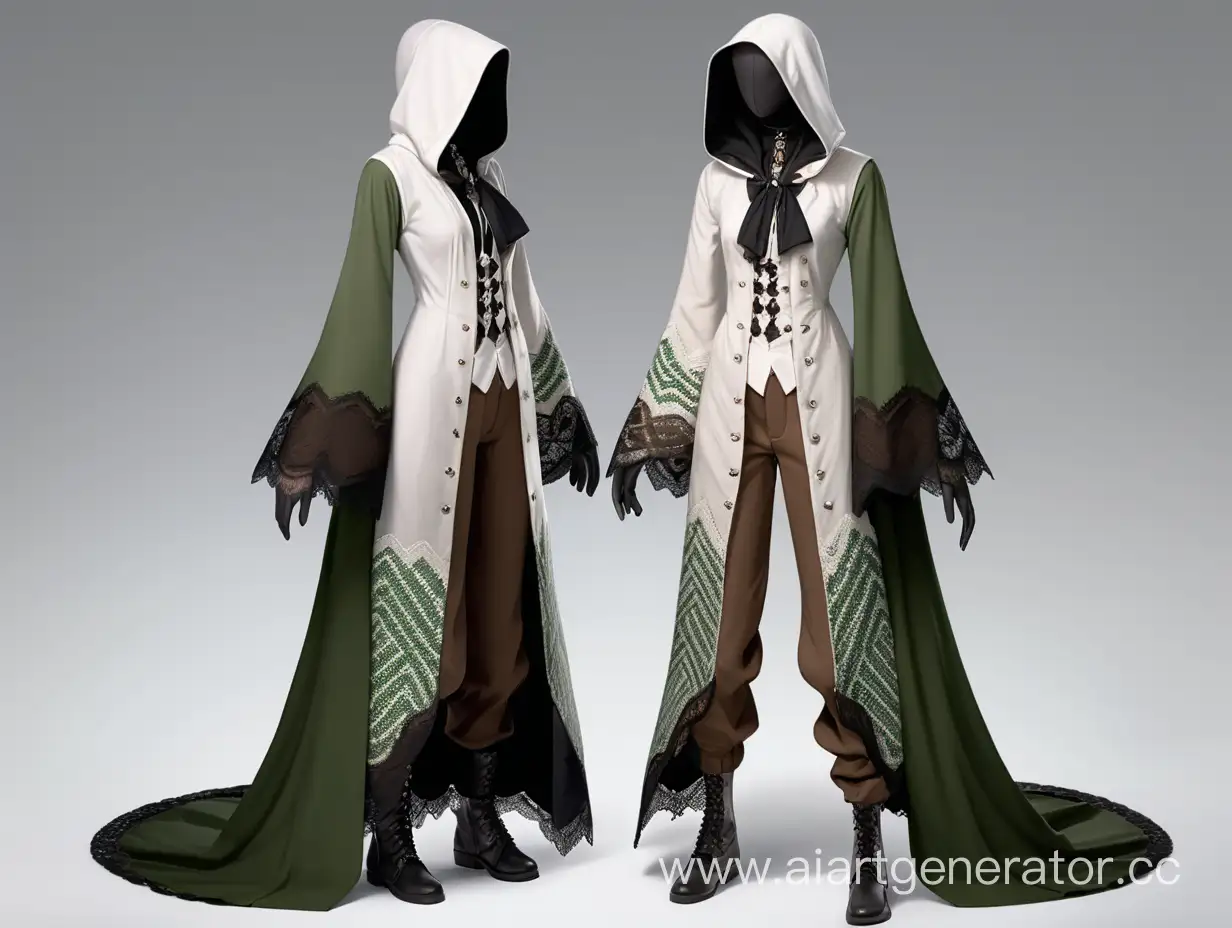 A fantasy mannequin. Faceless. White skin color. White button-down shirt with lace sleeves.Wide-legged brown pants with a green zigzag pattern  downwards. Over is a black robe with beige patterns at the ends of the sleeves and hood. The robe is unbuttoned. A black corset is worn at the waist. Outfit for a genderless