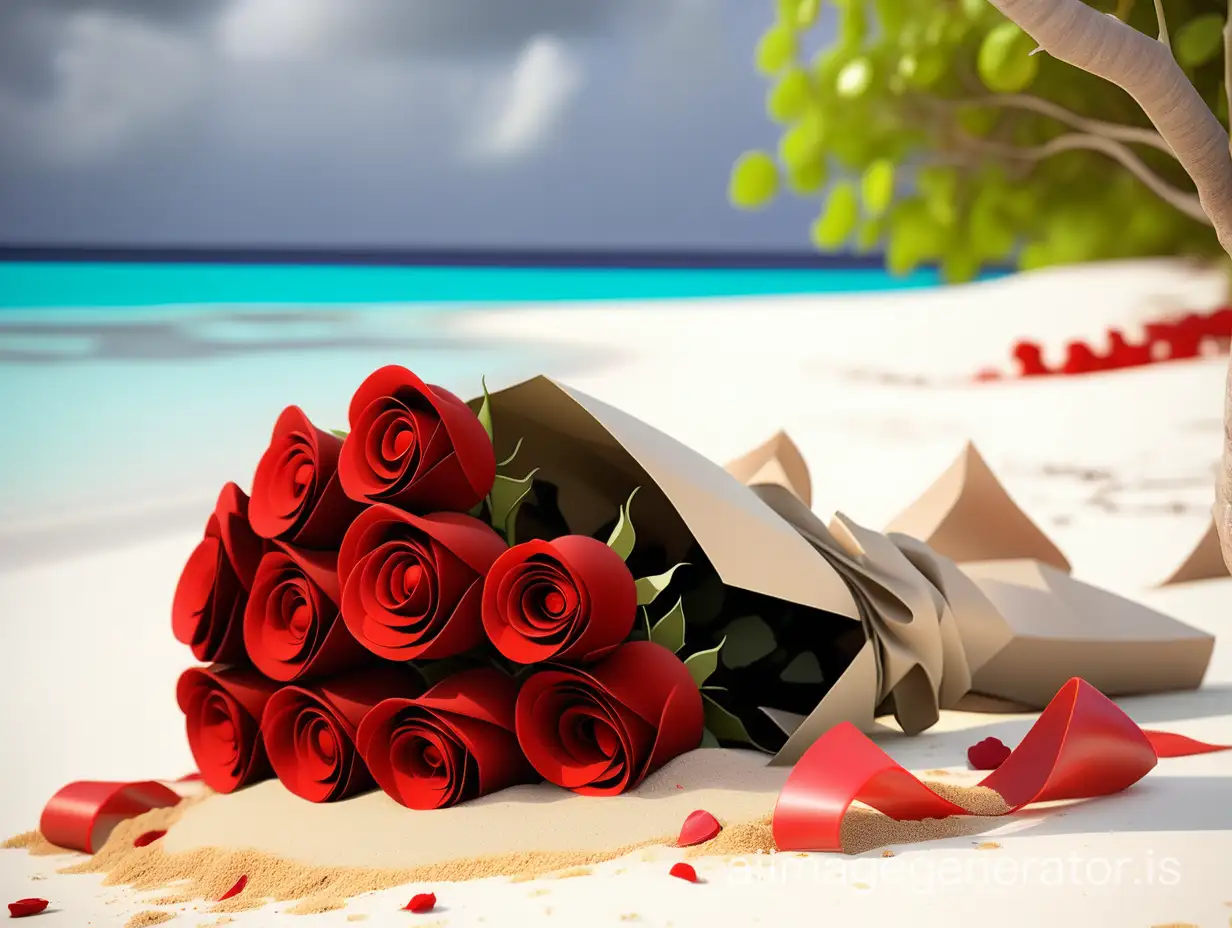 bouquet of red roses  on  sandy shore of  Maldives