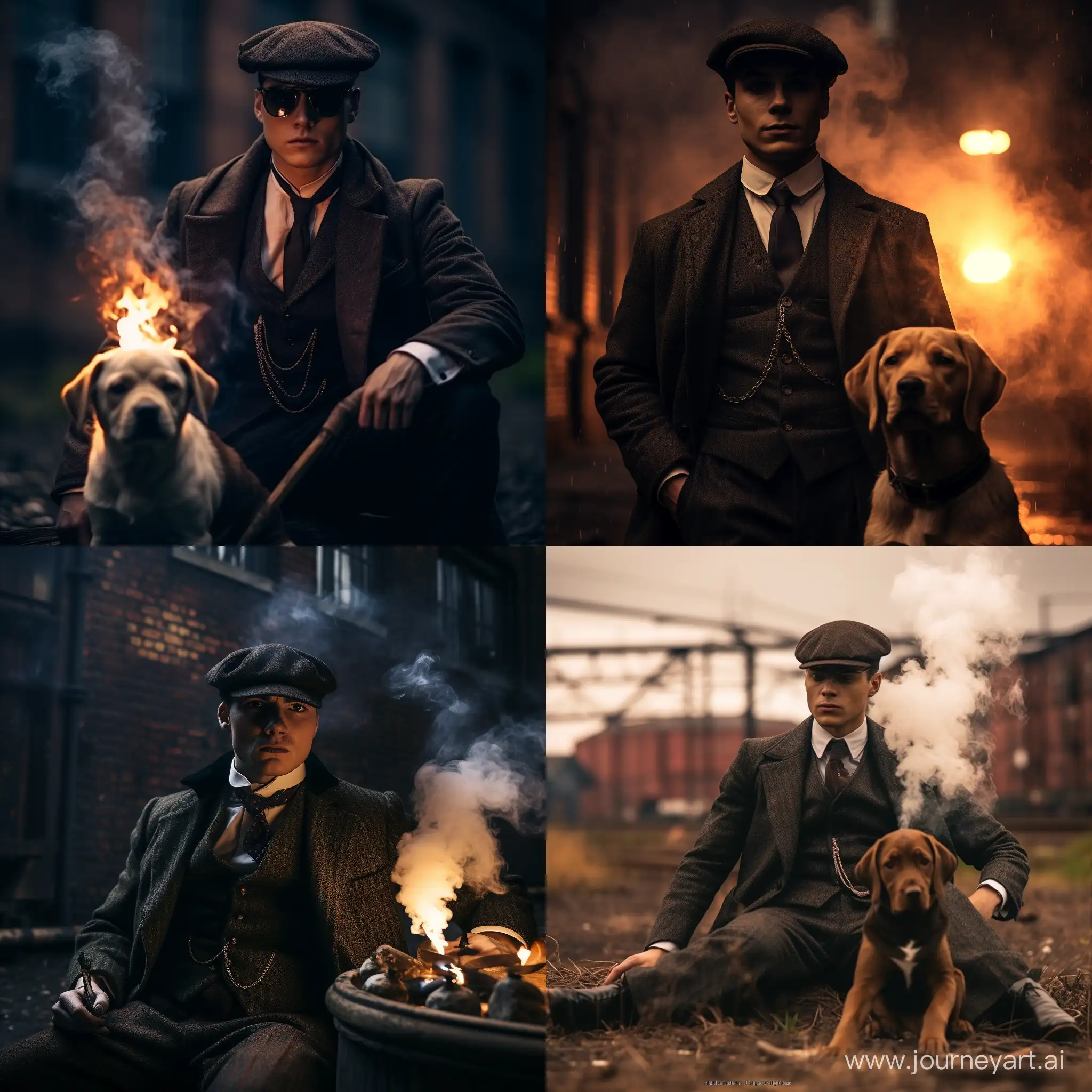 Cosplay of a pug on Thomas Shelby, against the background of an explosion