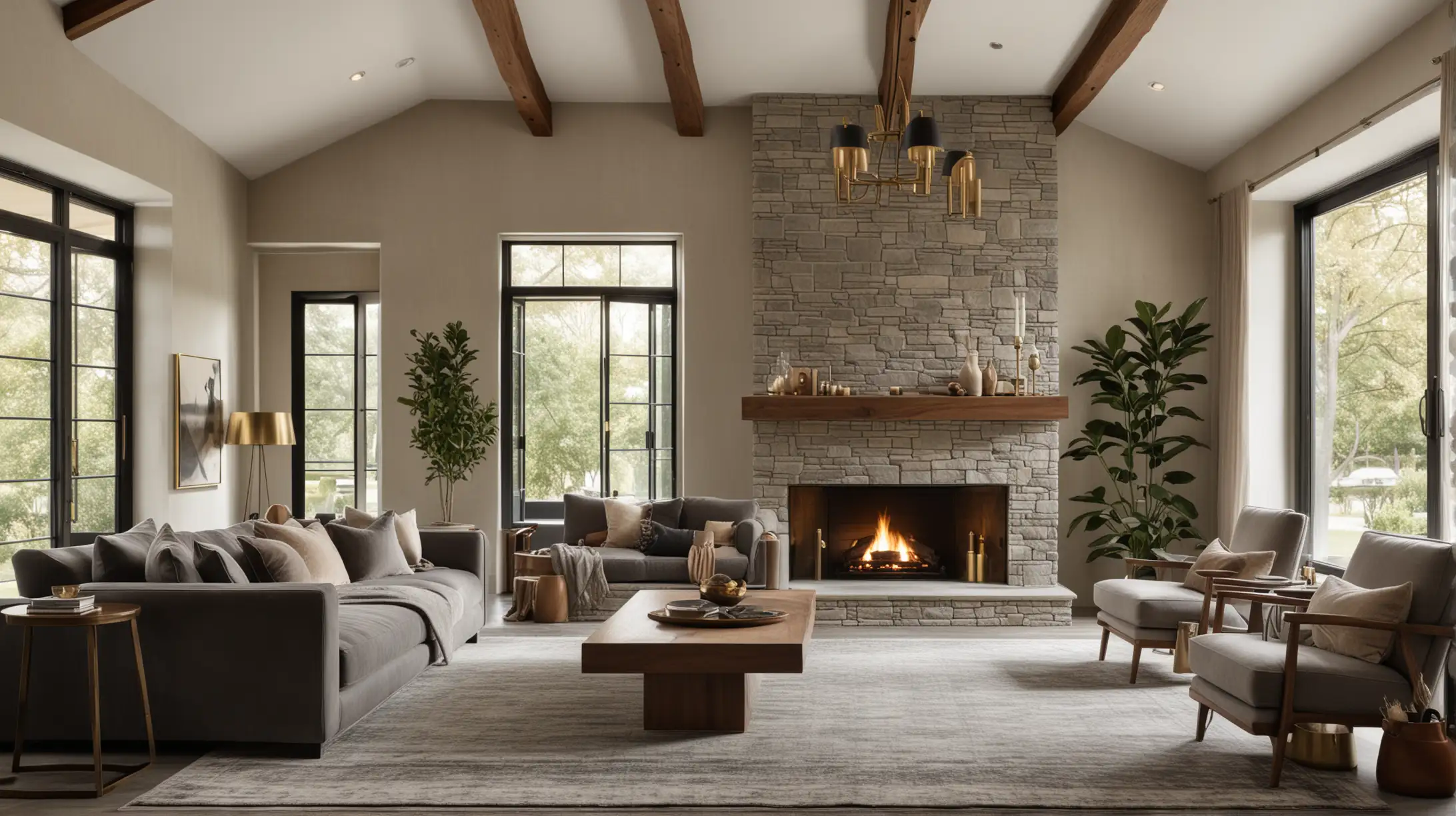 a large modern European farmhouse home lounge room with fireplace that is moody and organic; walnut wood and rendered stone, beige and black; brass; 


