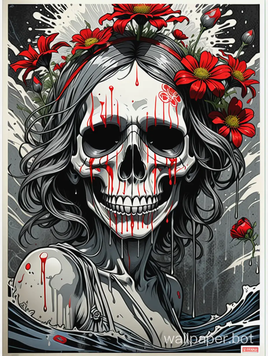 motley, skull face ,   closed eyes, assimetrical, alphonse mucha poster, explosive wild flowers dripping paint, comic book, high textured paper, hiperdetailed lineart , dark water , red, black, gray, white, sticker art