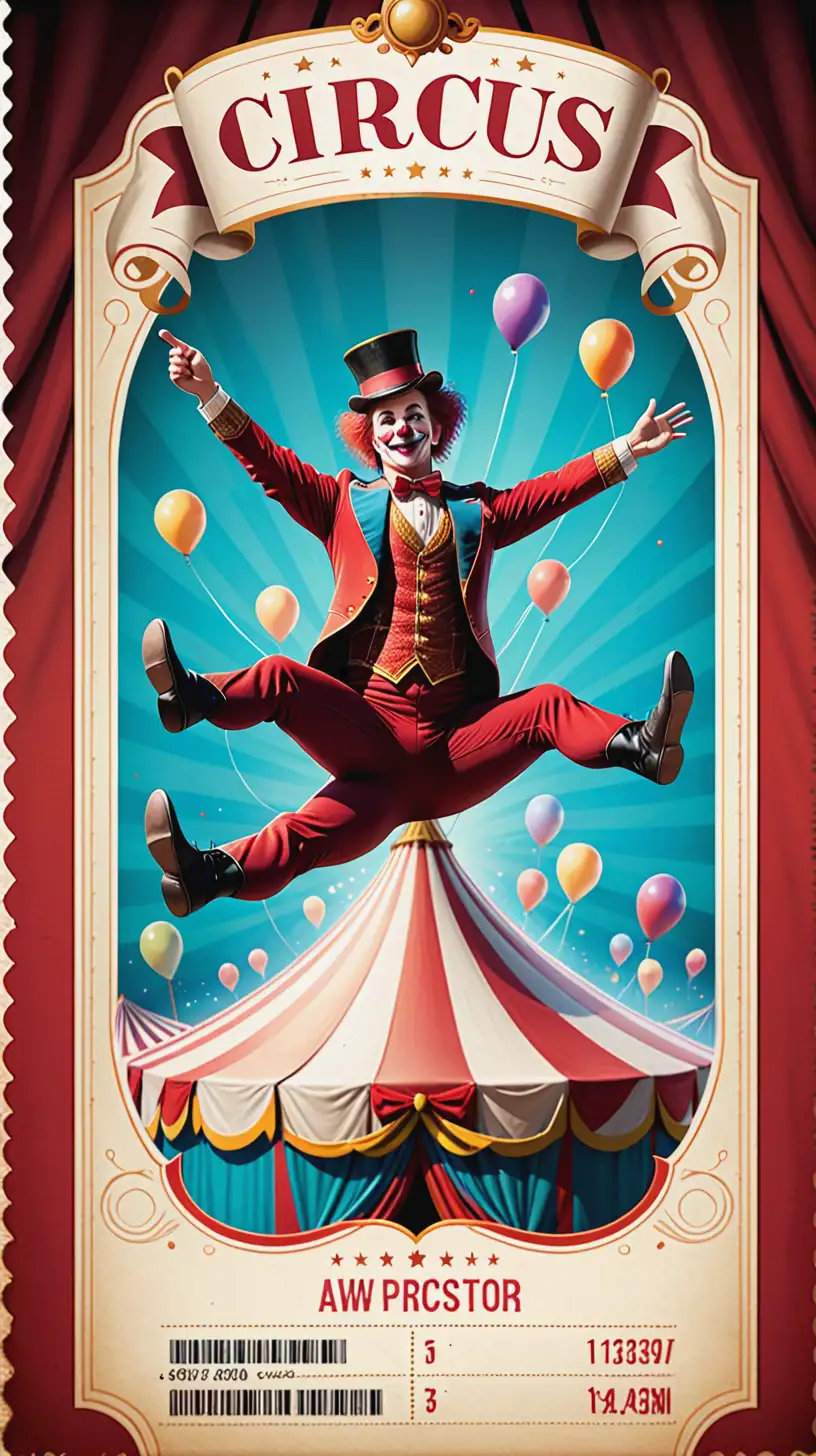 Create a digital art advertisement, of a circus on a ticket. Advertising all the different acts you'd see 